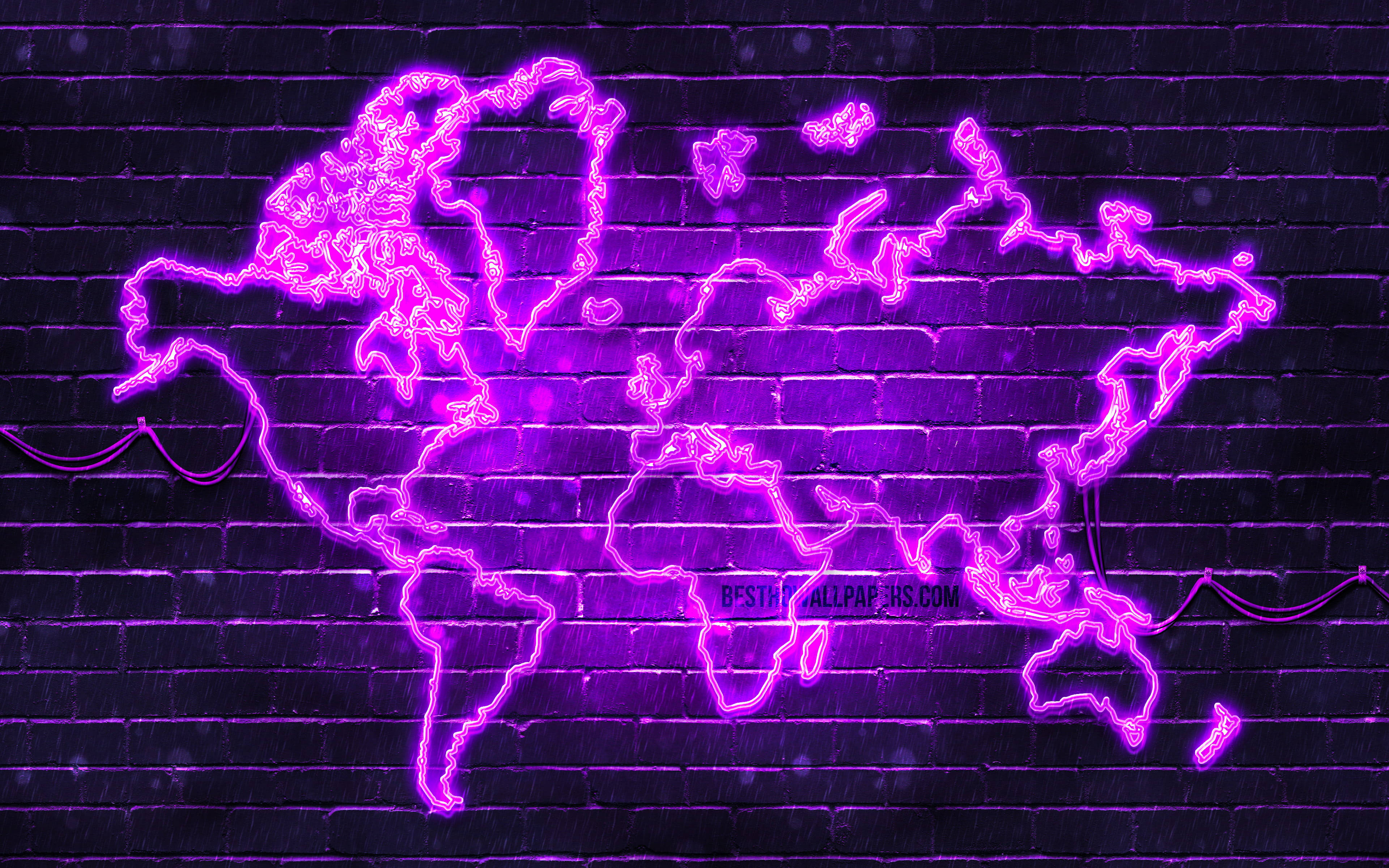 neon purple, world map, glowing purple neon, 4K Desktop Wallpaper