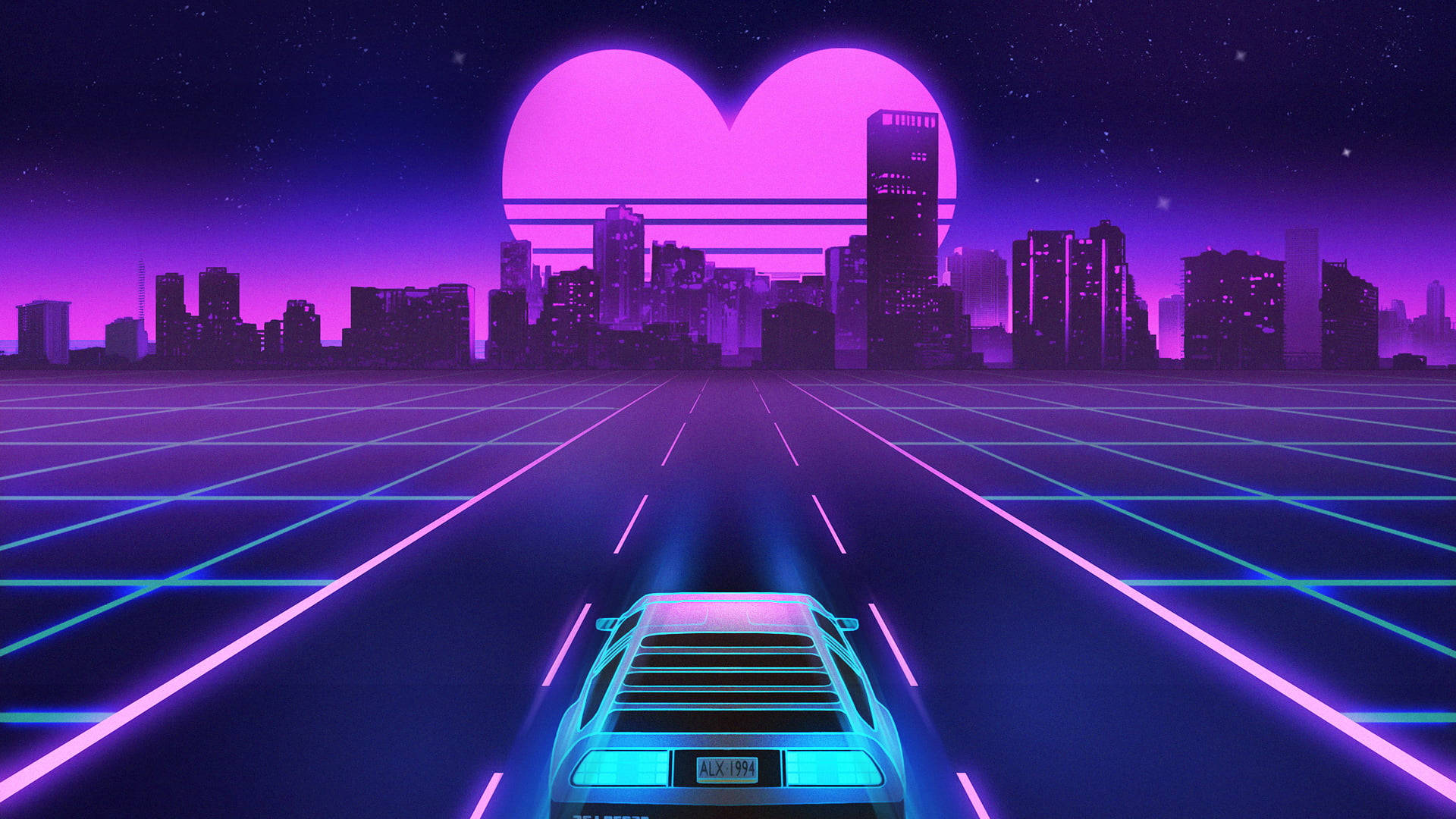 Neon Purple Heart, heart-shaped purple moon, glowing grid road, Full HD Desktop Wallpaper