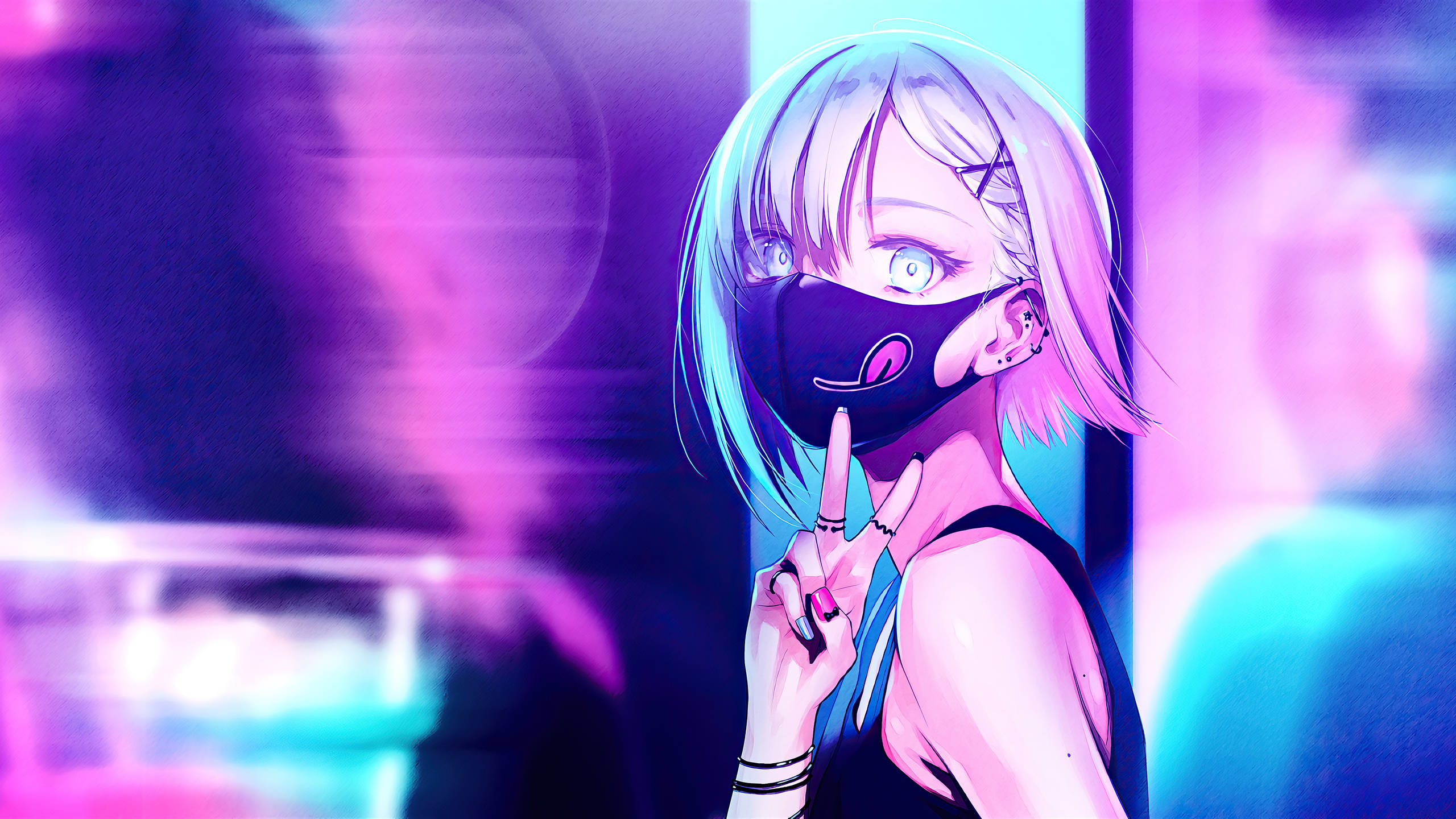 Neon Purple, short hair girl, cyberpunk anime girl, 2K Desktop Wallpaper