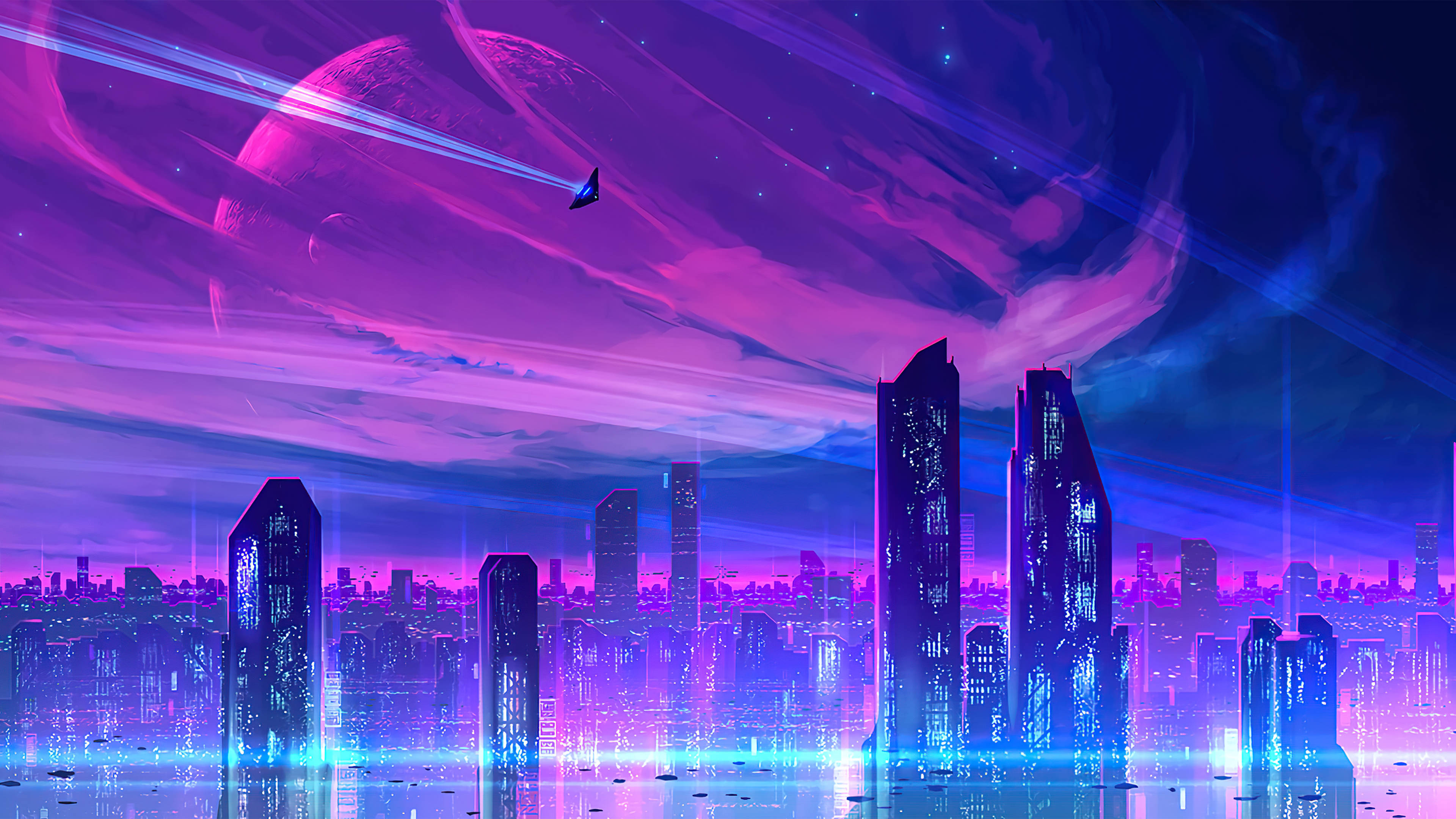 Neon Purple, modern city, neon purple and blue lights, 4K Desktop Wallpaper