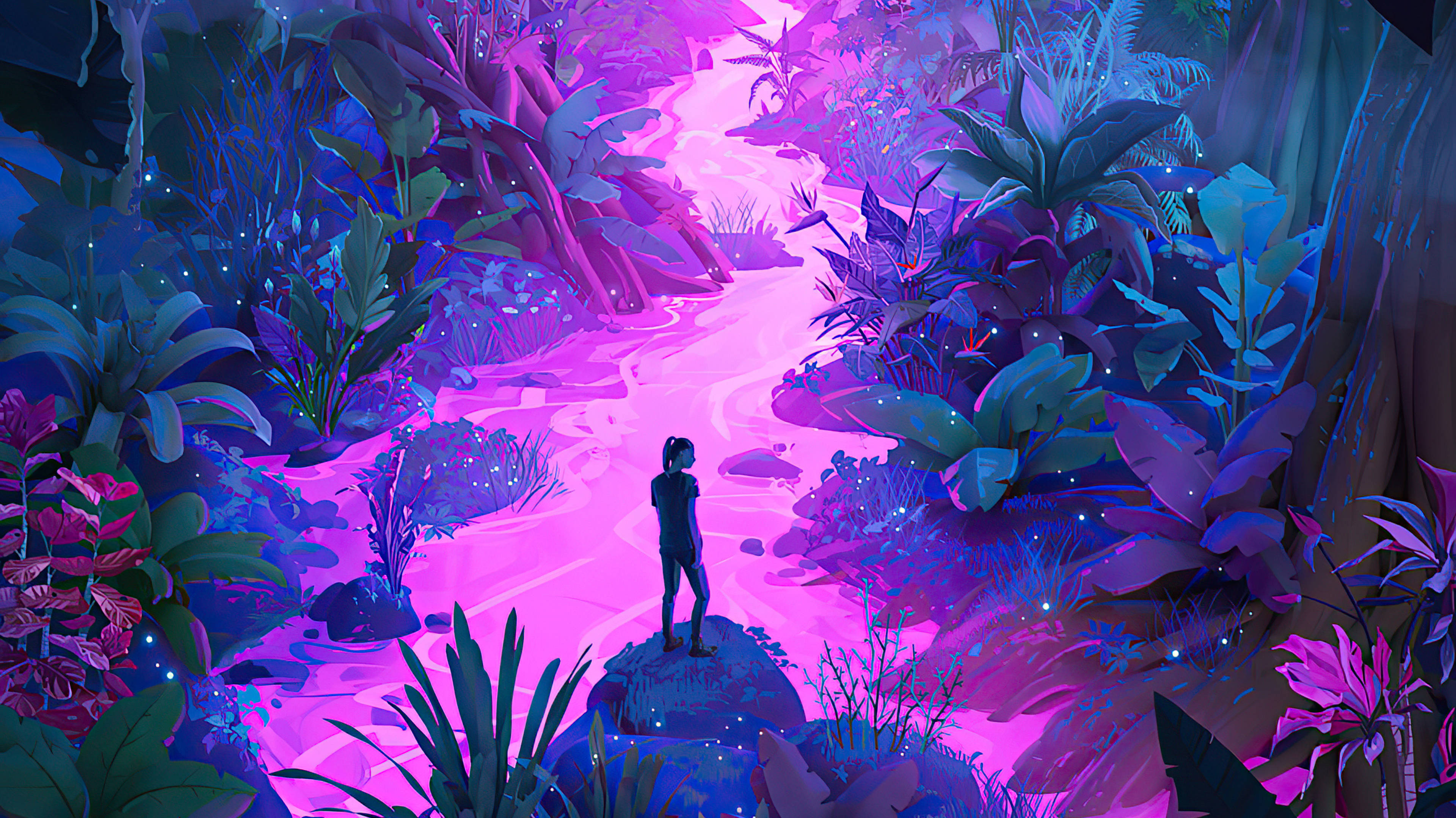 Neon Purple River, glowing purple jungle stream, bioluminescent flora, 4K Desktop Wallpaper