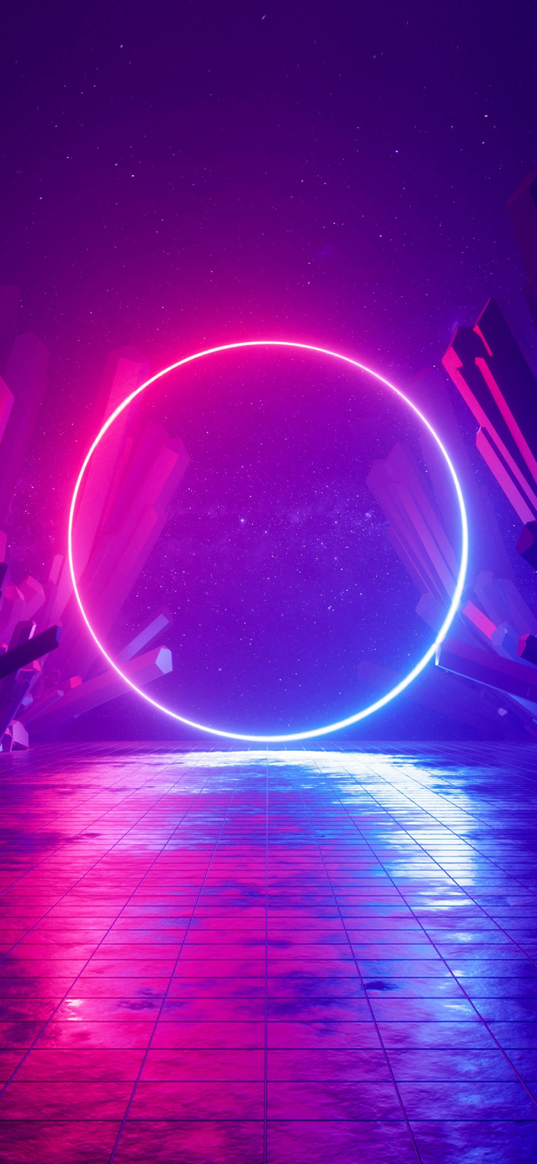 neon ring, starry purple void, reflective tiled floor, 4K Phone Wallpaper