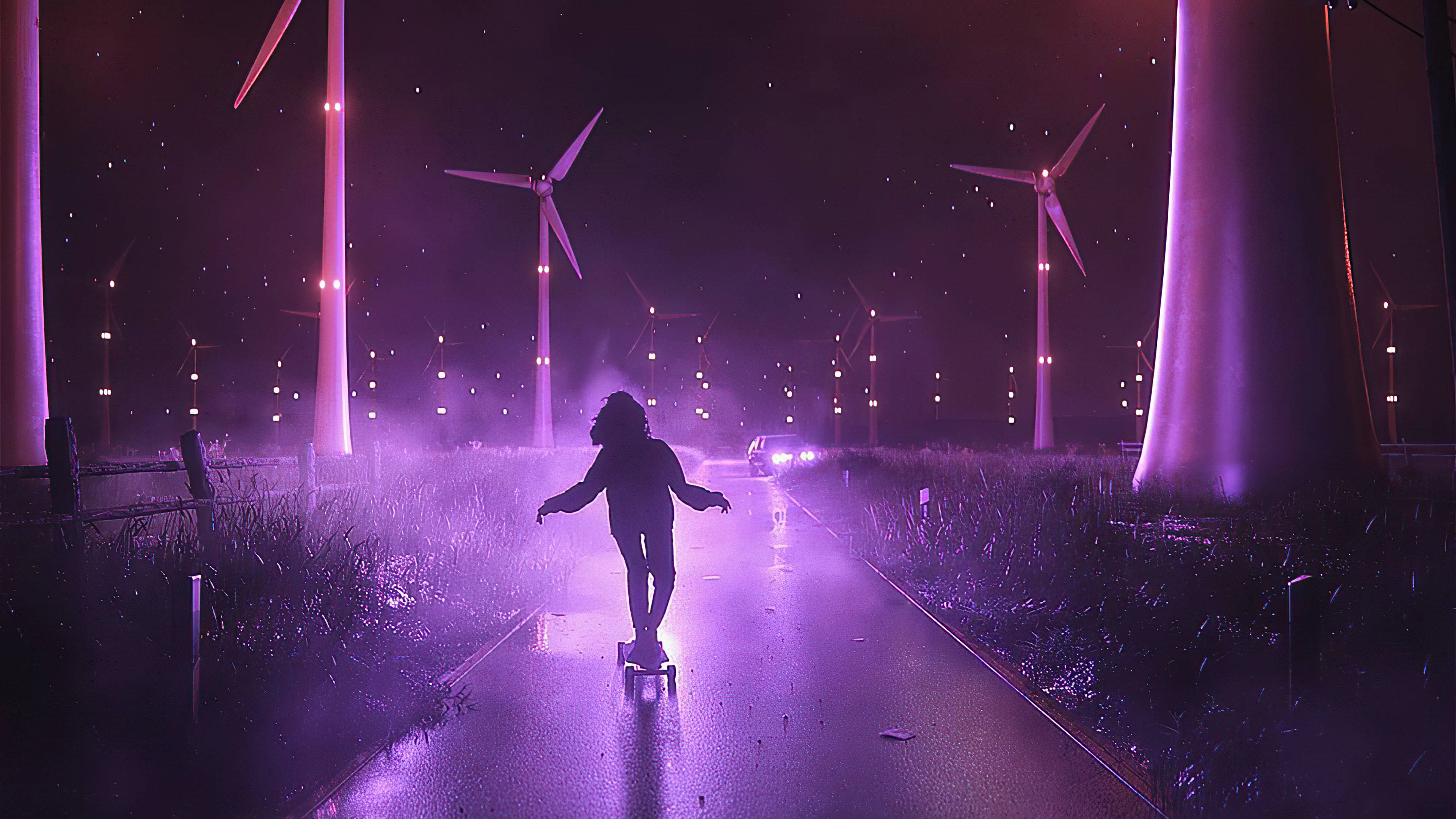 Neon Purple, skateboarding, wet road, 4K Desktop Wallpaper