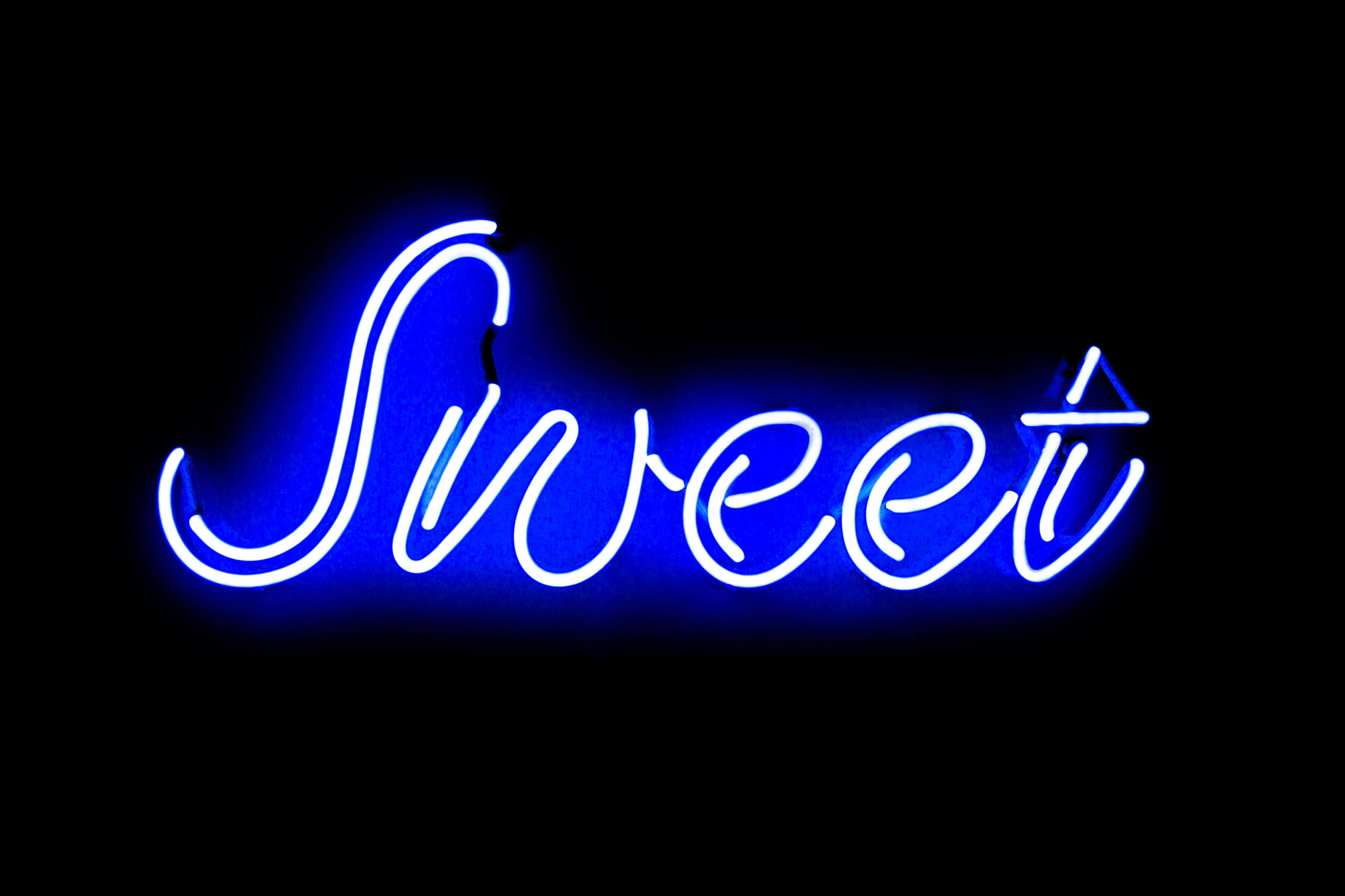 Neon Quotes, Sweet, glowing blue neon sign, 4K Desktop Wallpaper