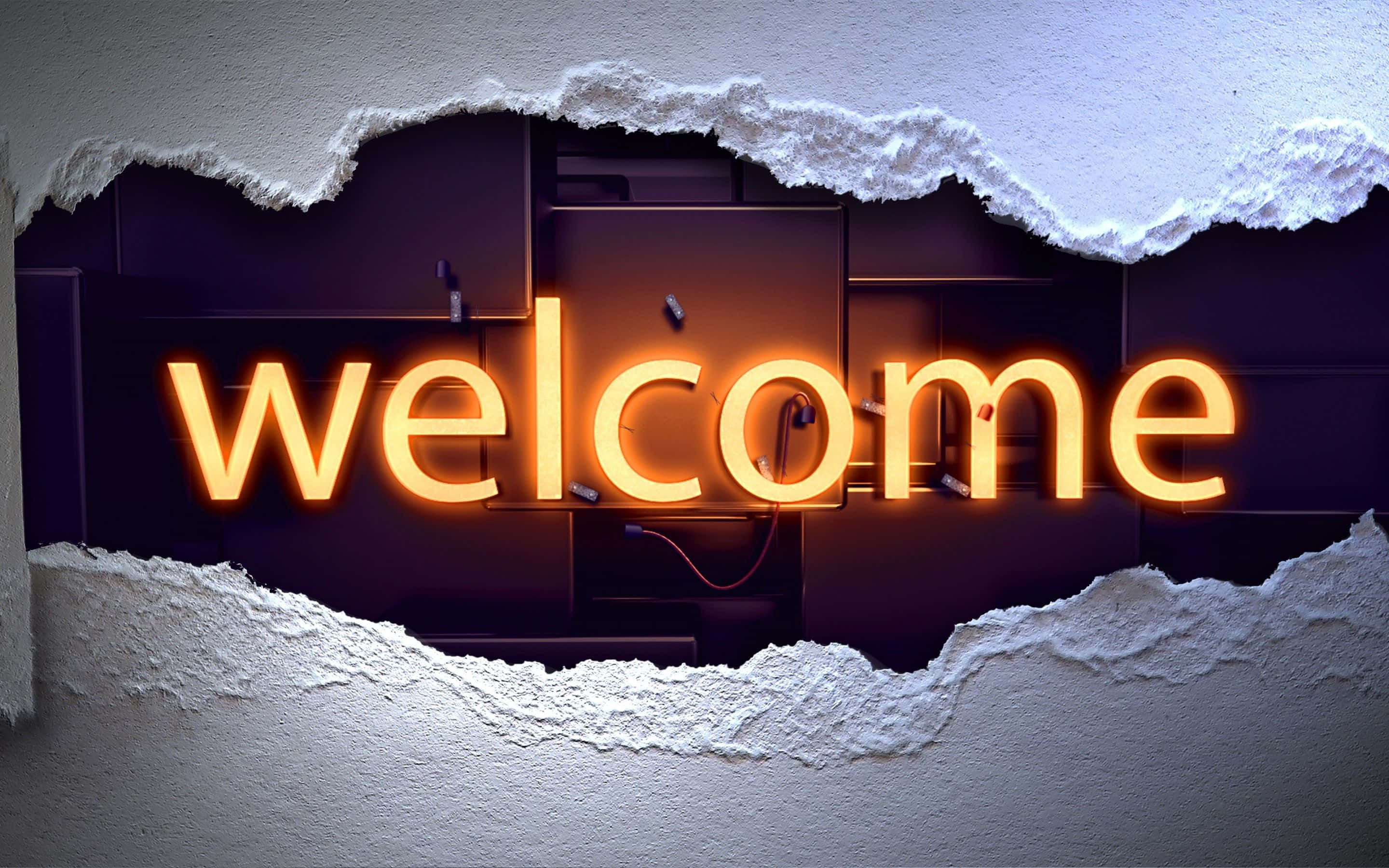 neon welcome sign, torn white wall, glowing orange neon, 2K Desktop Wallpaper