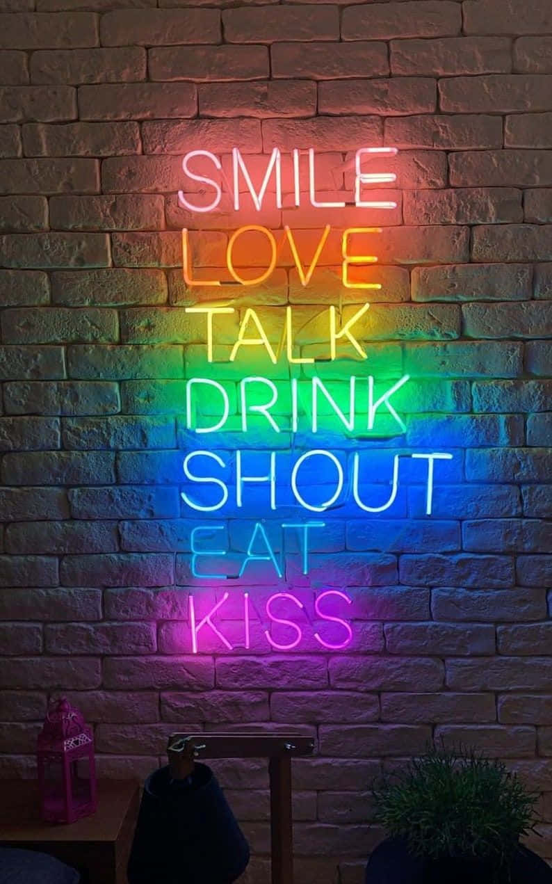Neon Quotes, rainbow neon sign, smile love talk drink shout eat kiss, SD Phone Wallpaper