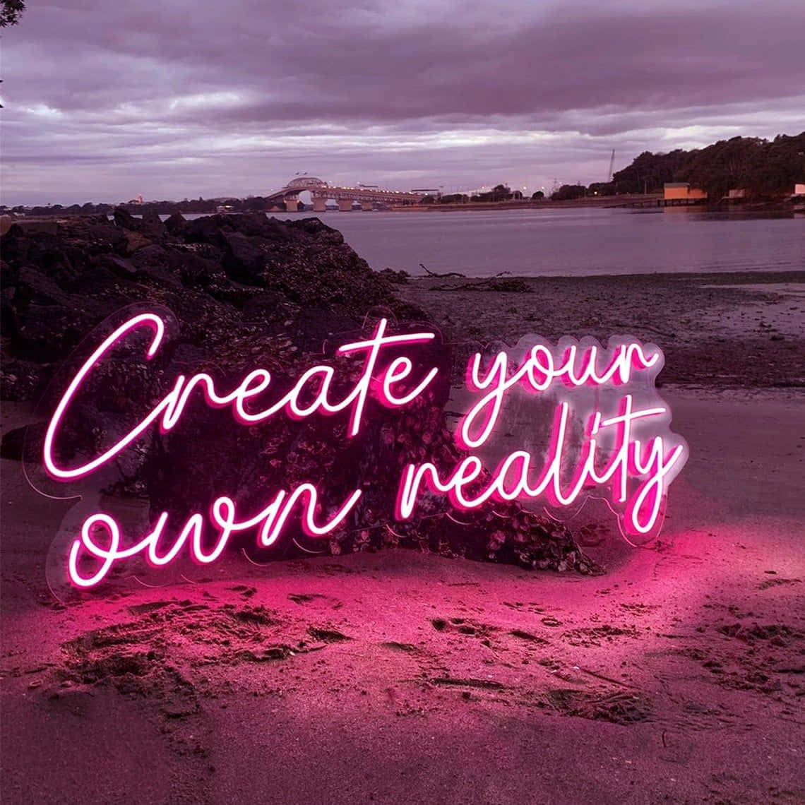 glowing pink neon sign, Create your own reality, rocky beach, SD Desktop Wallpaper