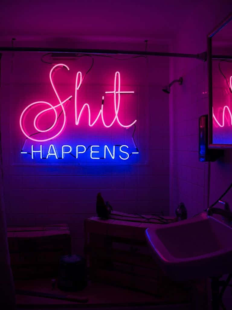 neon sign, Shit Happens, pink and blue neon, SD Phone Wallpaper