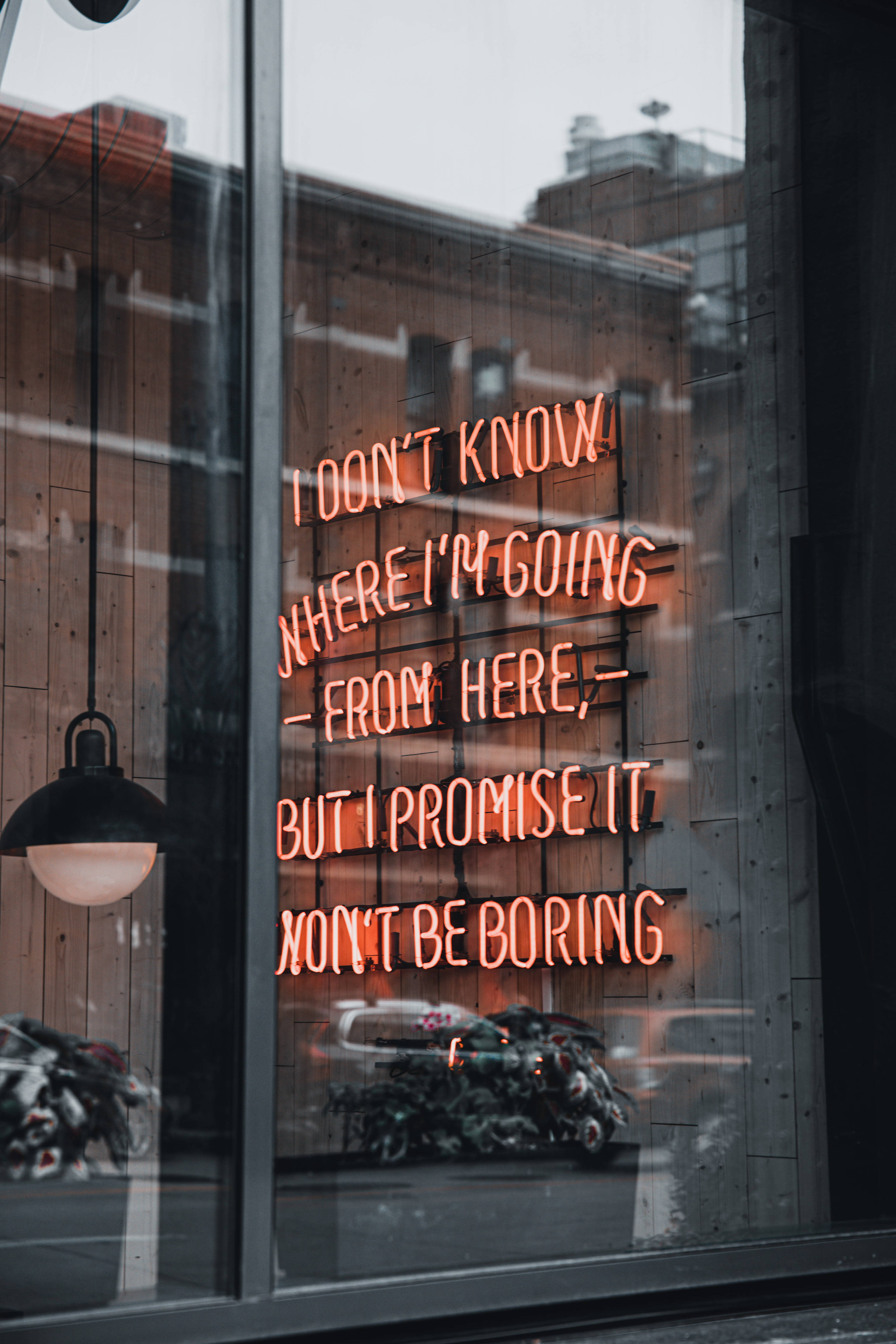 neon sign, warm orange, glass window, 4K Phone Wallpaper