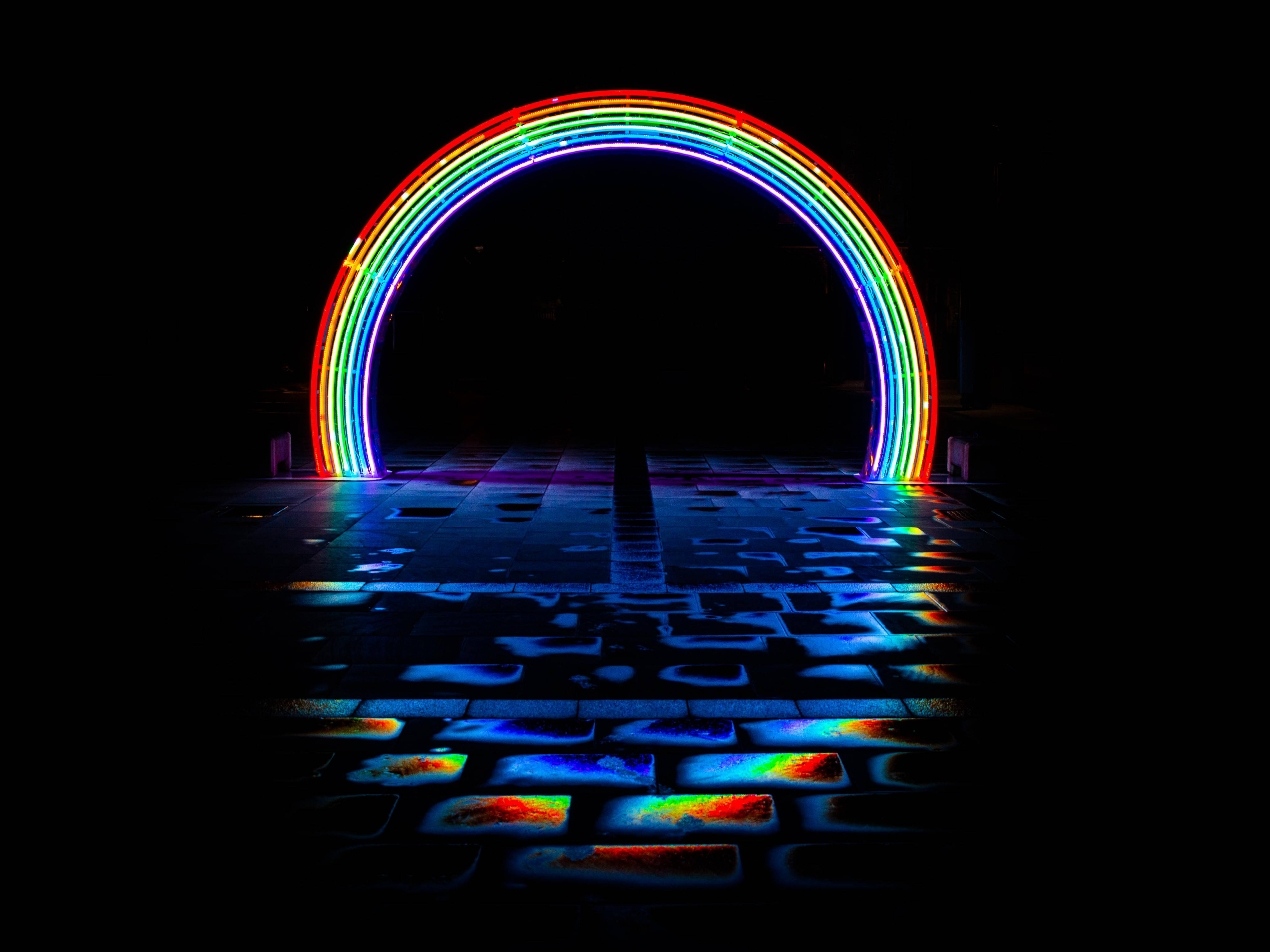 Neon Rainbow, neon rainbow arch, black background, 4K Desktop Wallpaper