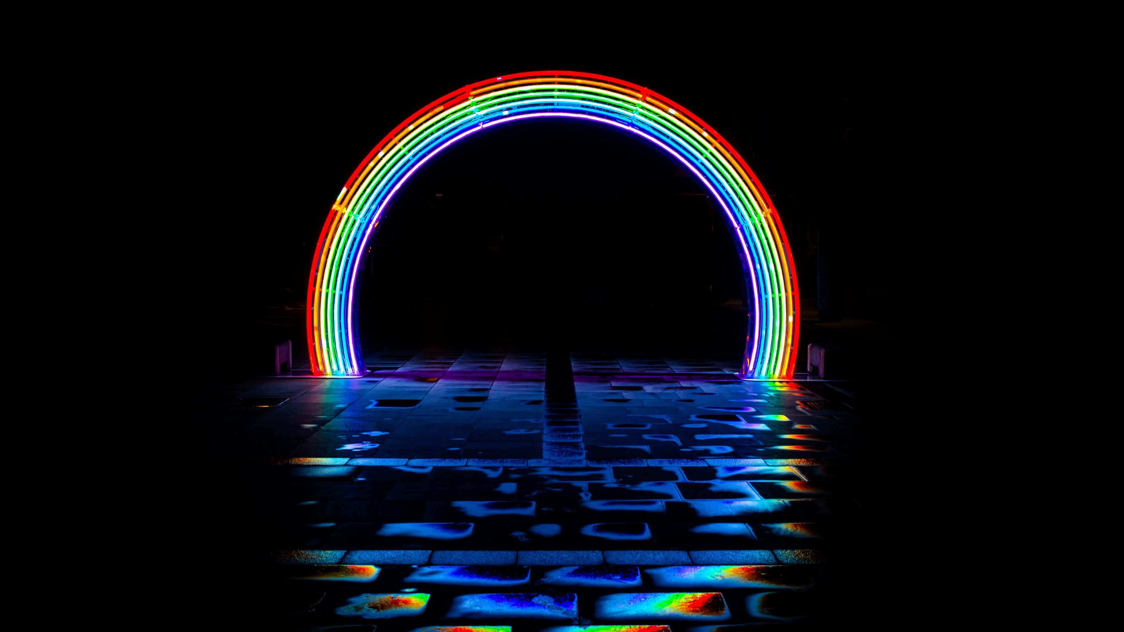 Neon Rainbow, arch, wet tiled path, 4K Desktop Wallpaper