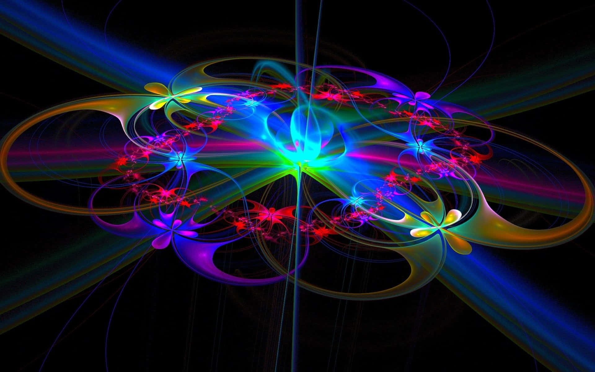 neon fractal patterns, radiant blues purples and greens, deep black background, Full HD Desktop Wallpaper