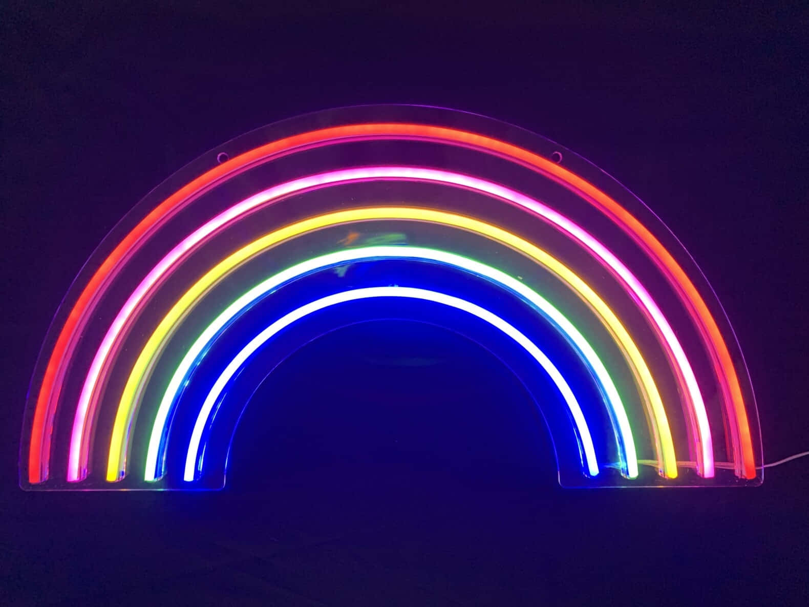 neon rainbow sign, vivid red orange yellow green blue and violet arcs, dark background, HD Desktop Wallpaper