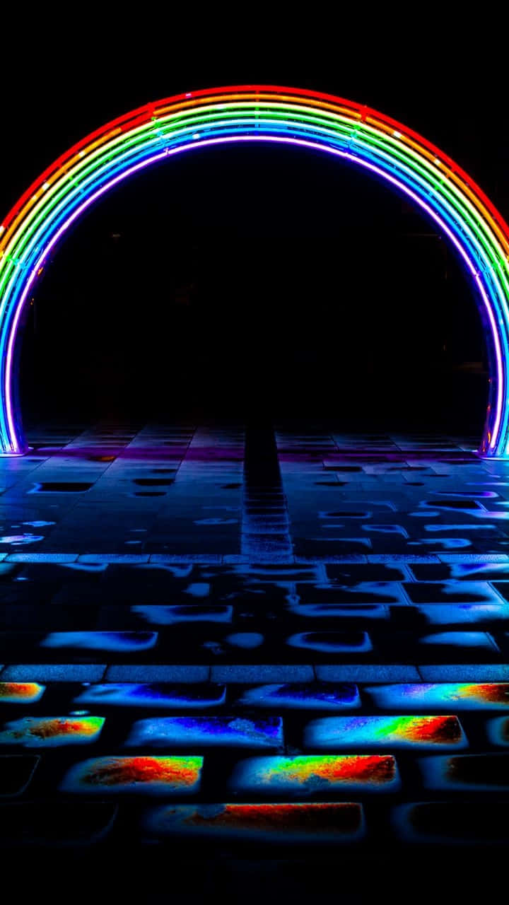 Neon Rainbow, arch, wet tiled floor, HD Phone Wallpaper