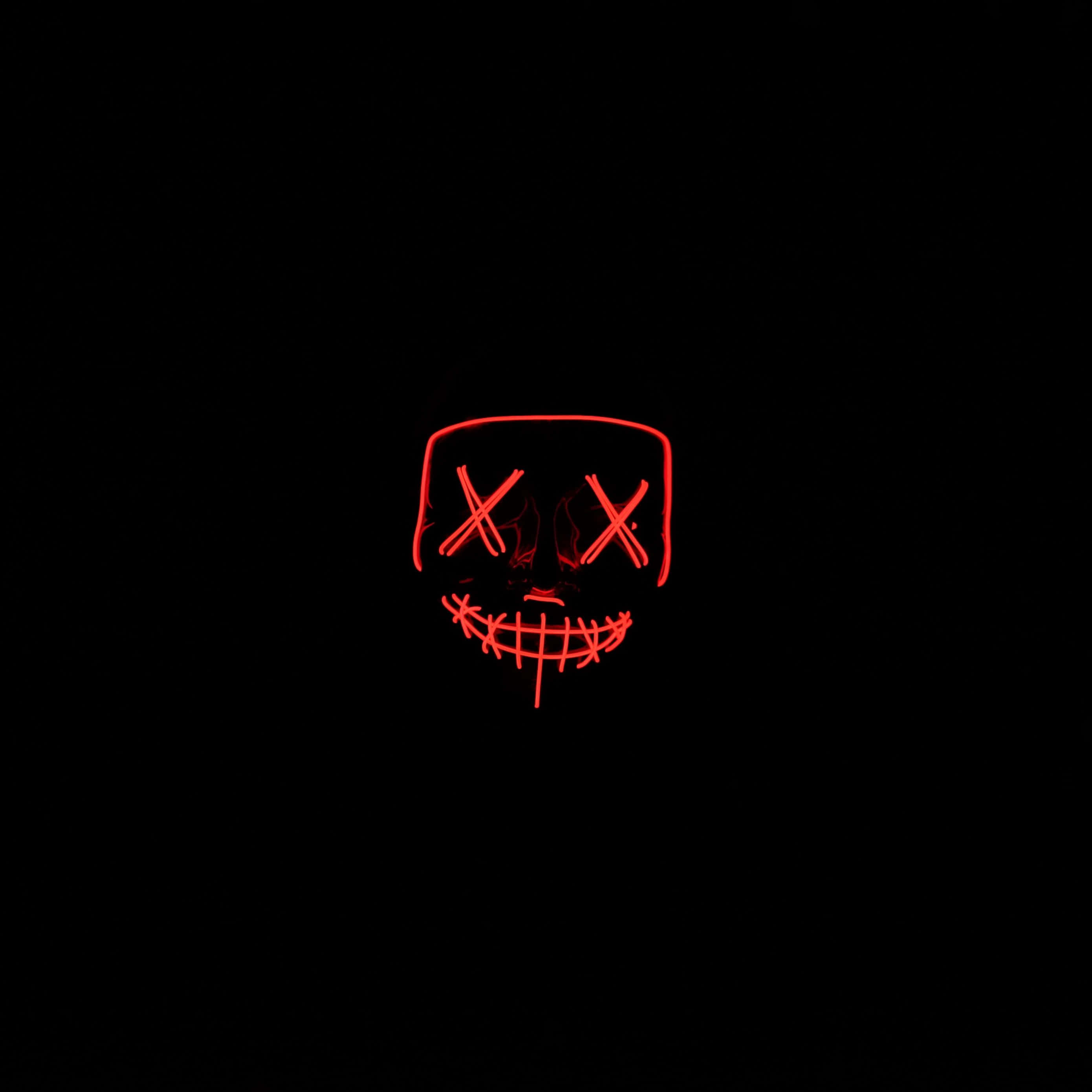 neon red aesthetic, glowing red LED mask, X eyes, 2K Desktop Wallpaper