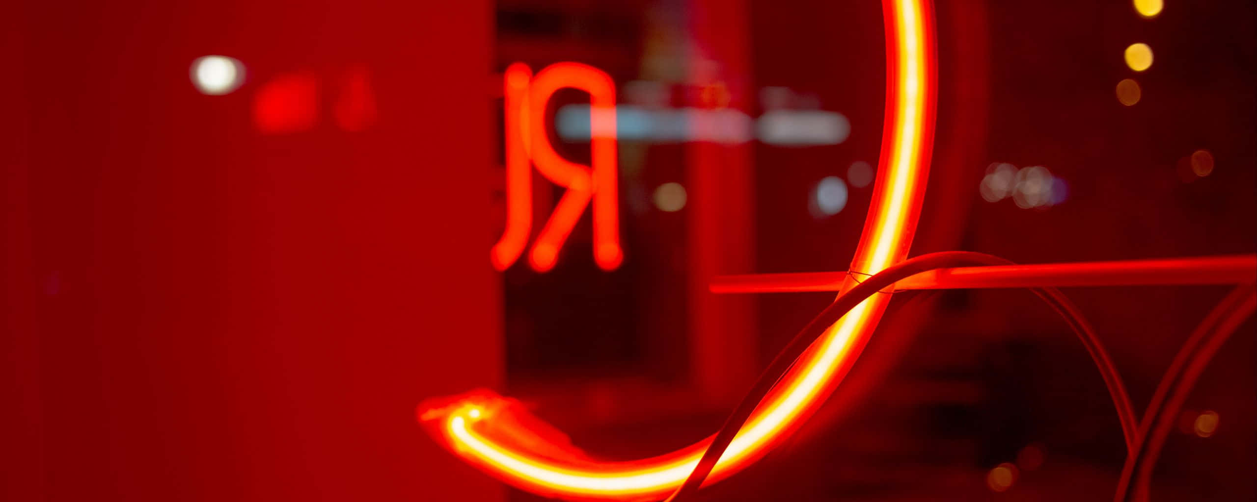 Neon Light On Glass Wall, Red Ultra Wide HD, Vibrant red neon sign, 2K Desktop Wallpaper