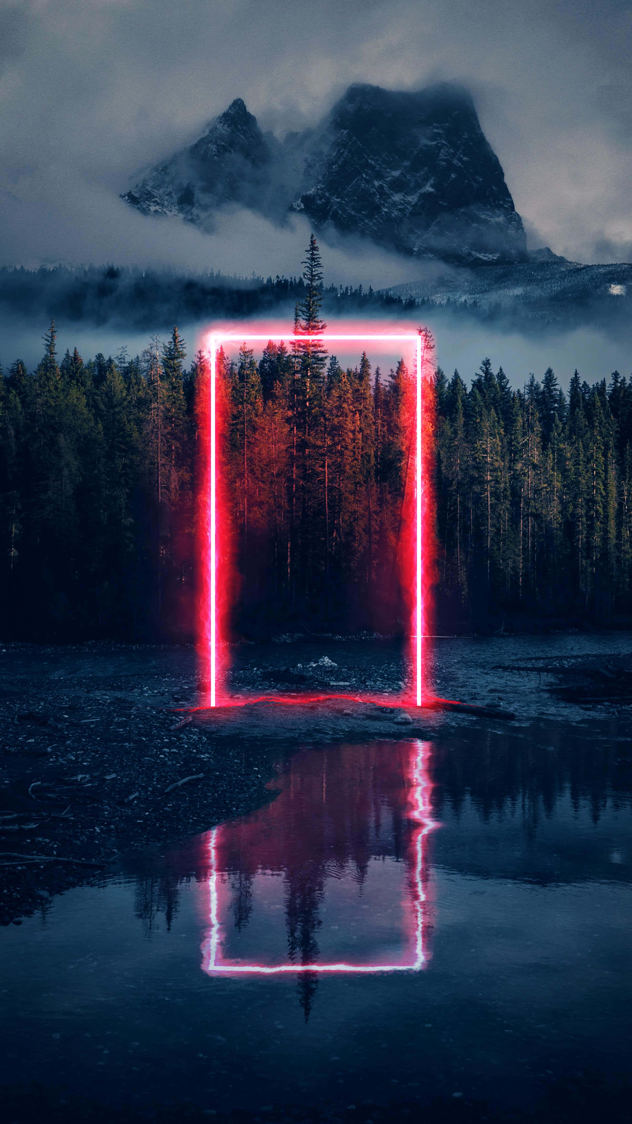 neon red light, misty forest lake, snow-capped mountains, 4K Phone Wallpaper