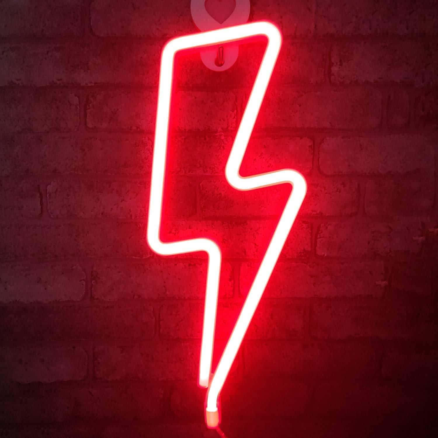 Neon Red Aesthetic, glowing red neon lightning bolt sign, textured brick wall, HD Desktop Wallpaper