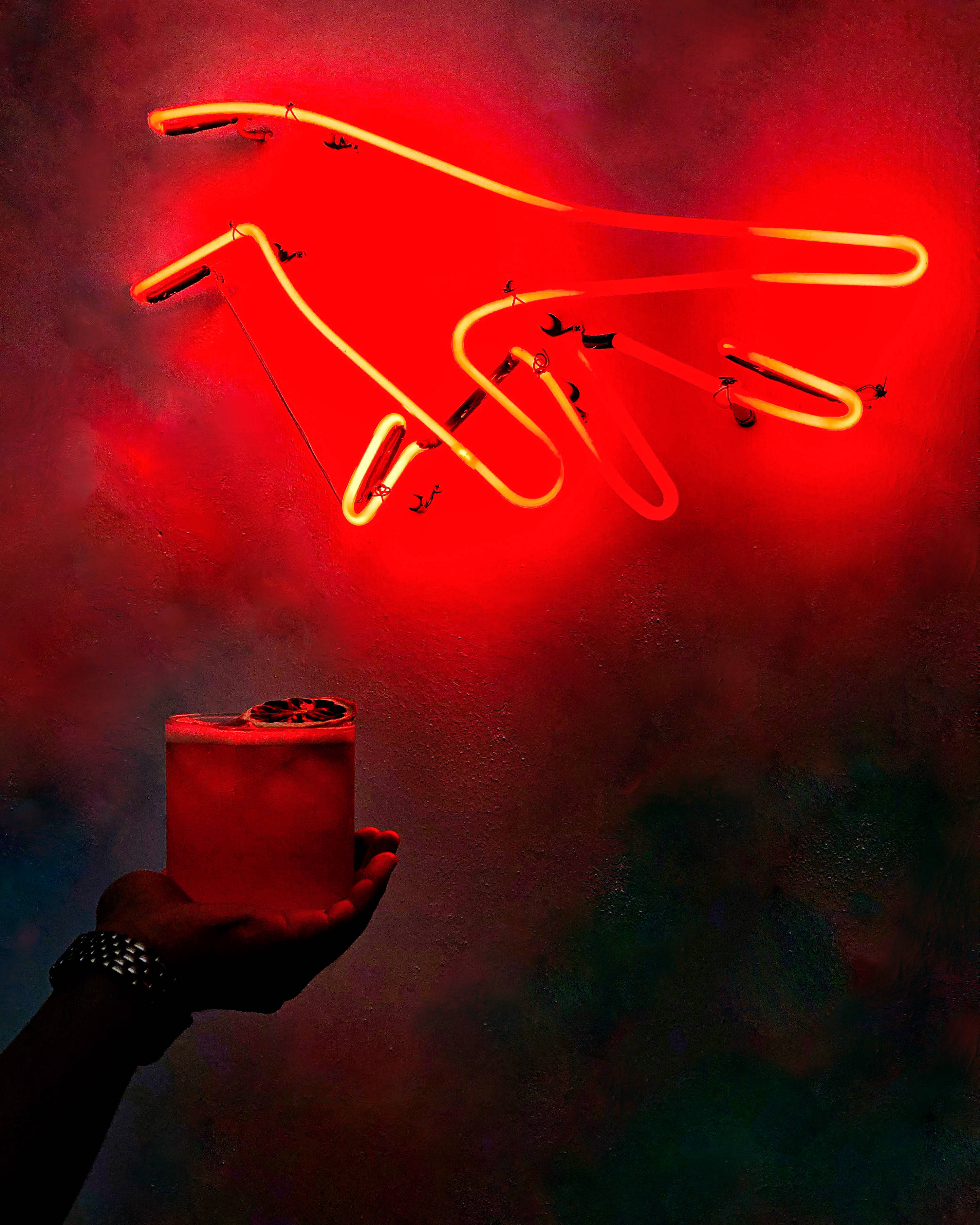 iPhone 8, red neon, glowing cocktail, 2K Phone Wallpaper