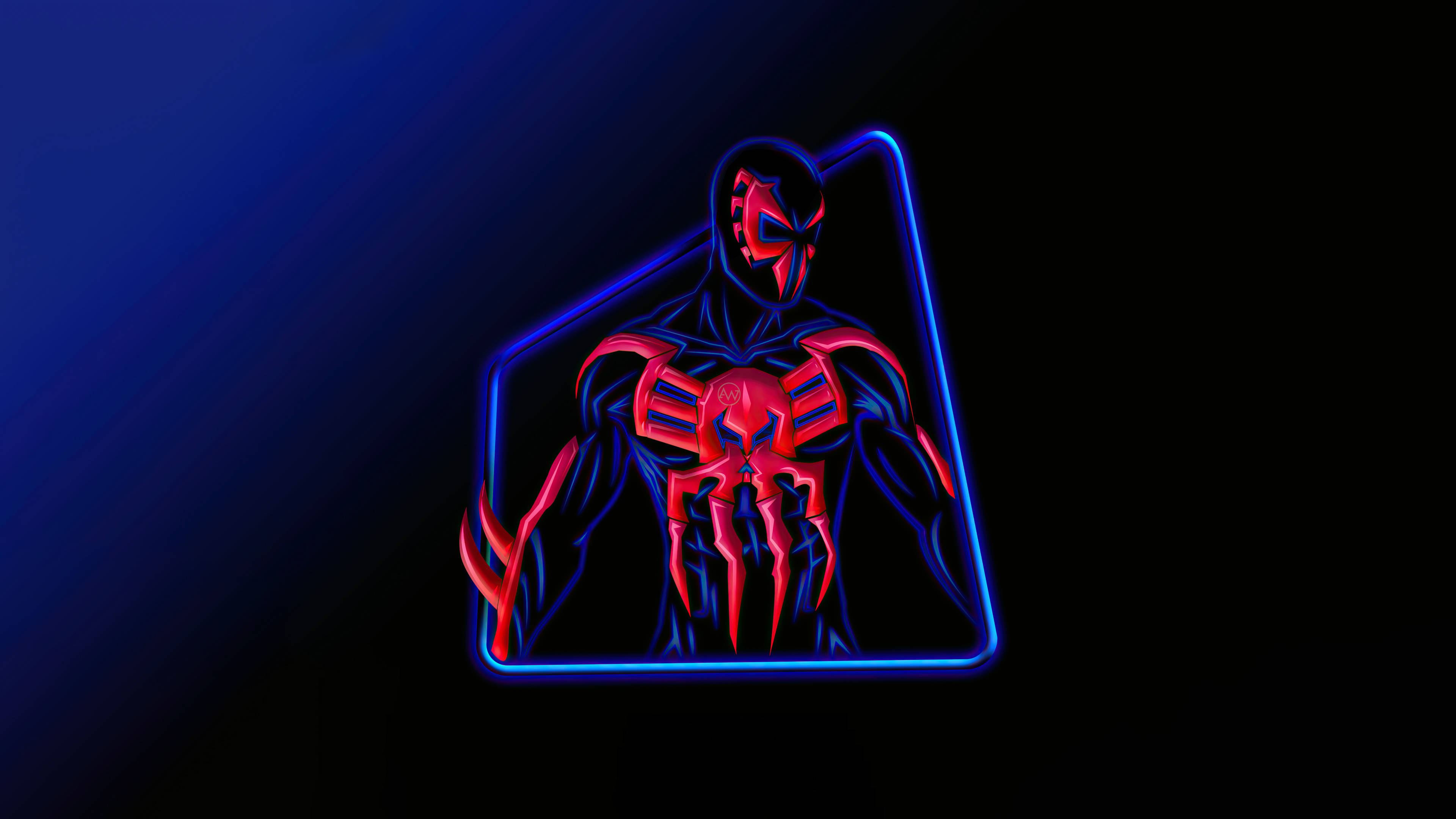 neon red, masked superhero figure, glowing triangular frame, 4K Desktop Wallpaper