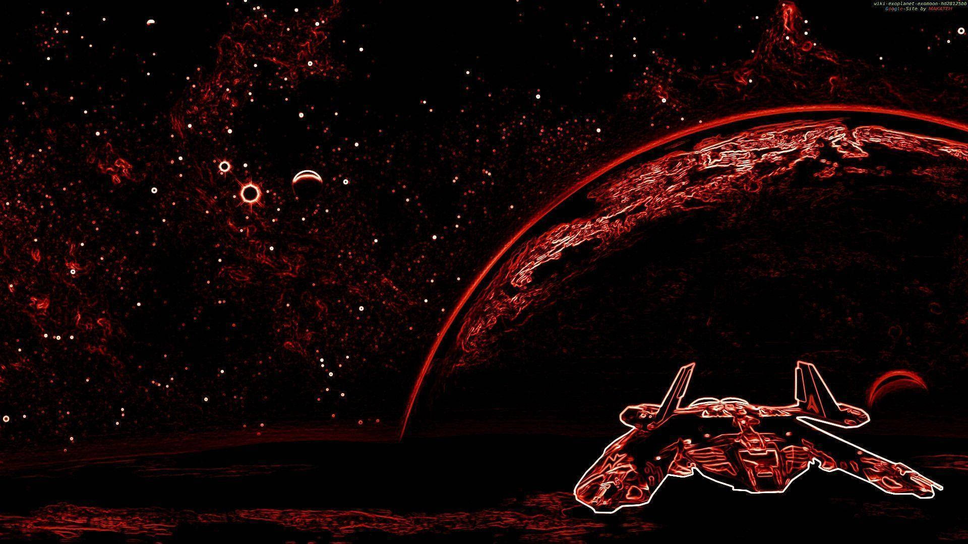 Neon Red, glowing red spaceship, massive red planet, Full HD Desktop Wallpaper