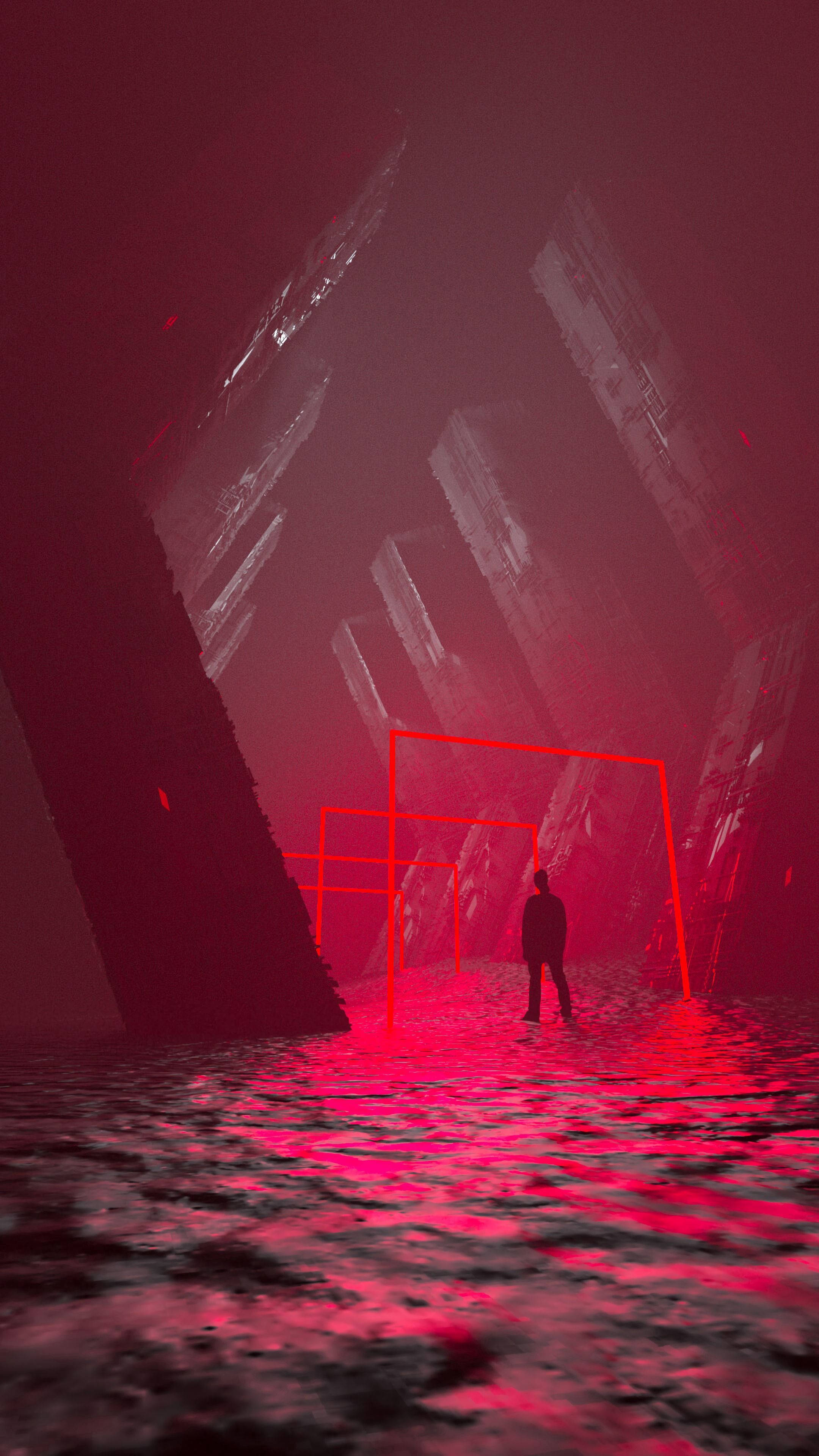 futuristic cave, glowing red water, tilted skyscrapers, 4K Phone Wallpaper