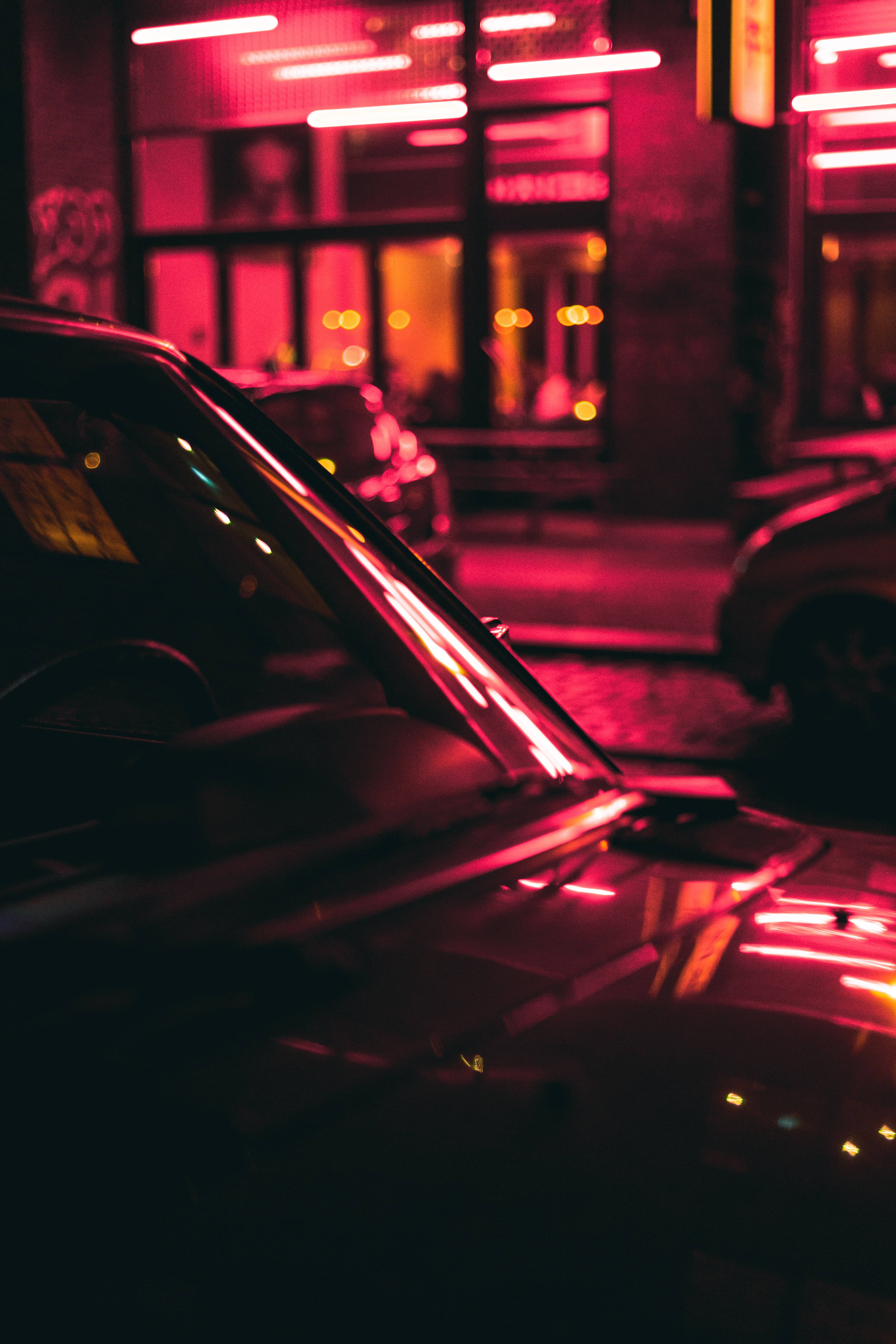 Neon Red, dark neon red car, pink neon lights, 5K Phone Wallpaper