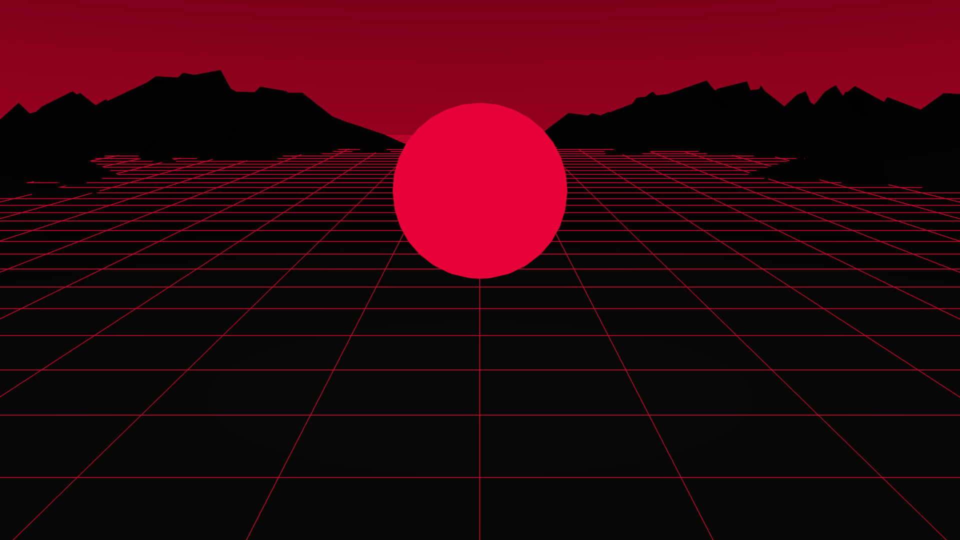 black grid, glowing red sphere, jagged mountain silhouettes, Full HD Desktop Wallpaper