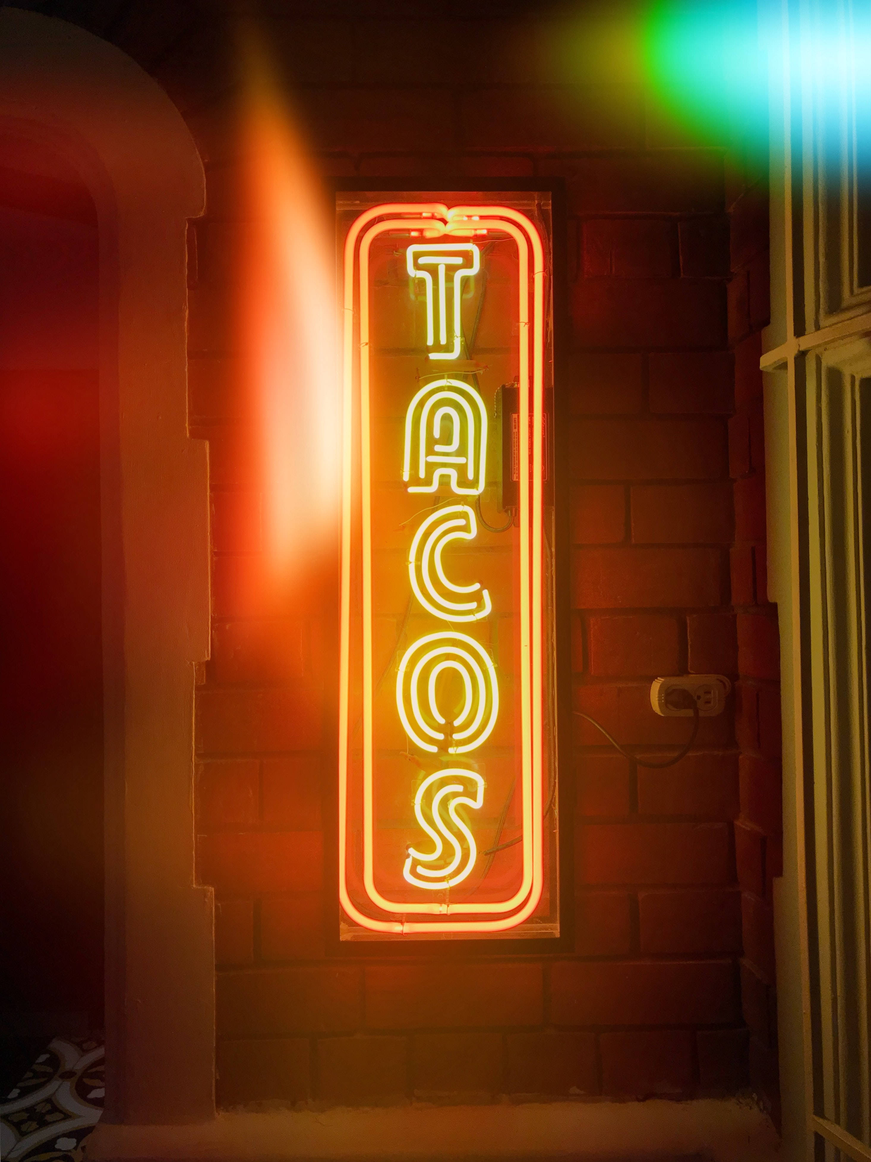 TACOS, neon sign, glowing orange, 4K Phone Wallpaper