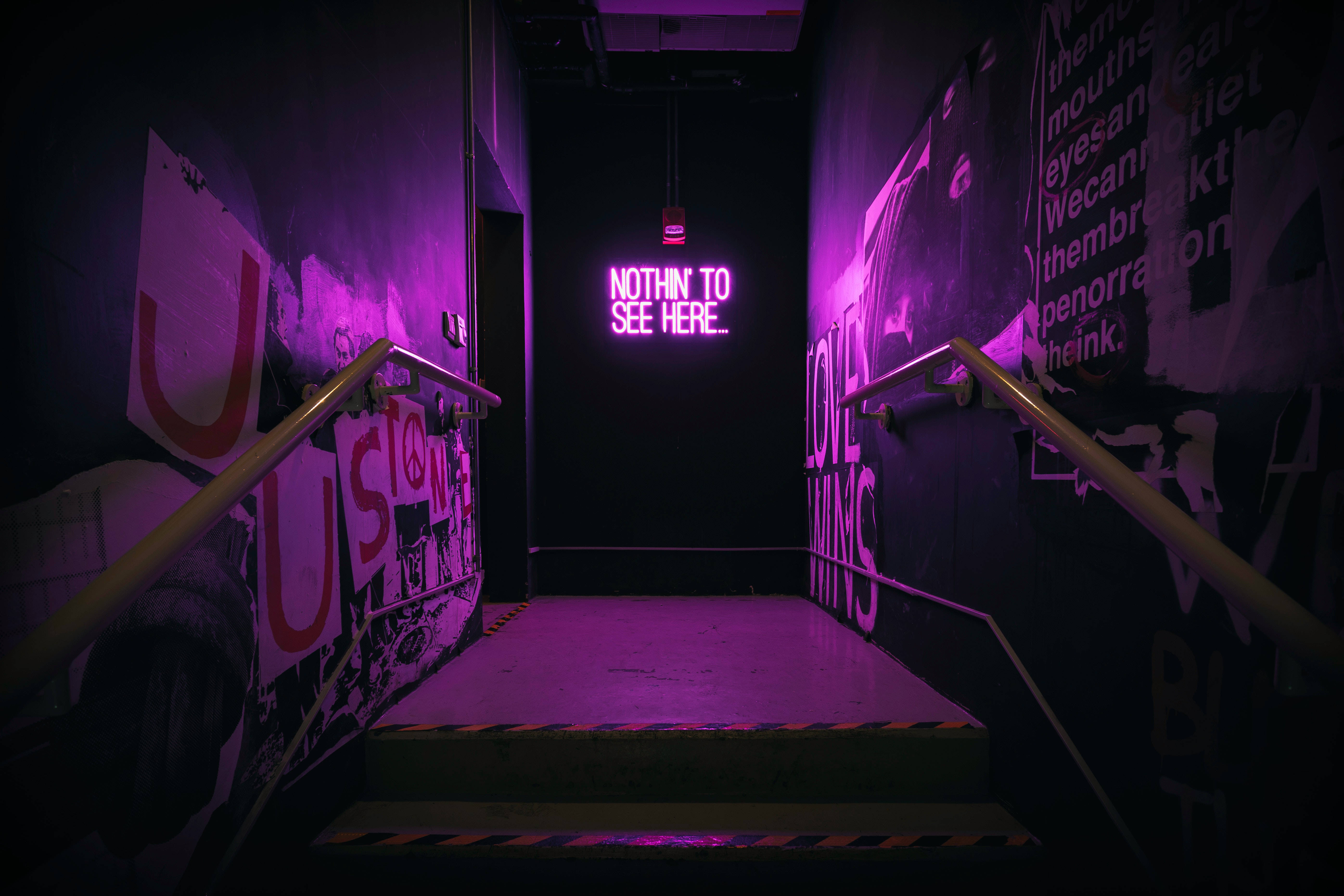 Nothin' To See Here, purple neon, graffiti-covered walls, 5K Desktop Wallpaper