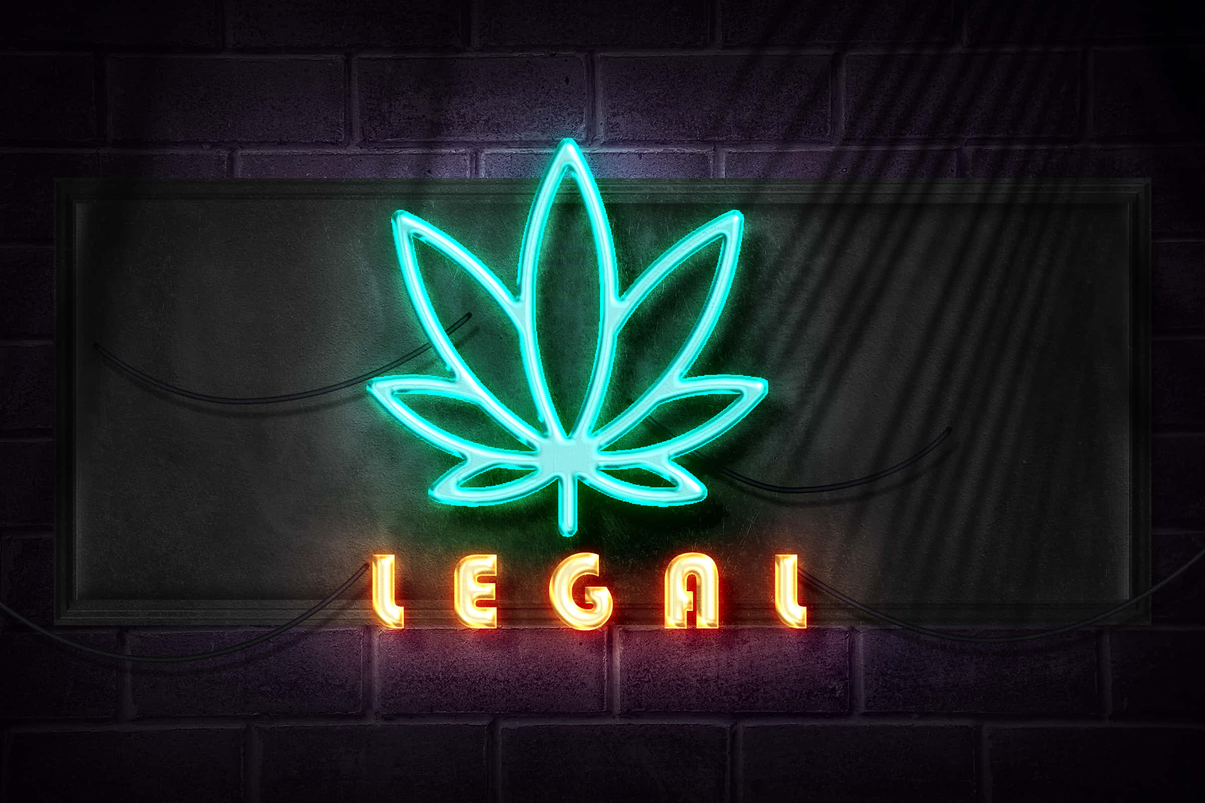 teal cannabis leaf, orange 'LEGAL' text, dark brick wall, Full HD Desktop Wallpaper