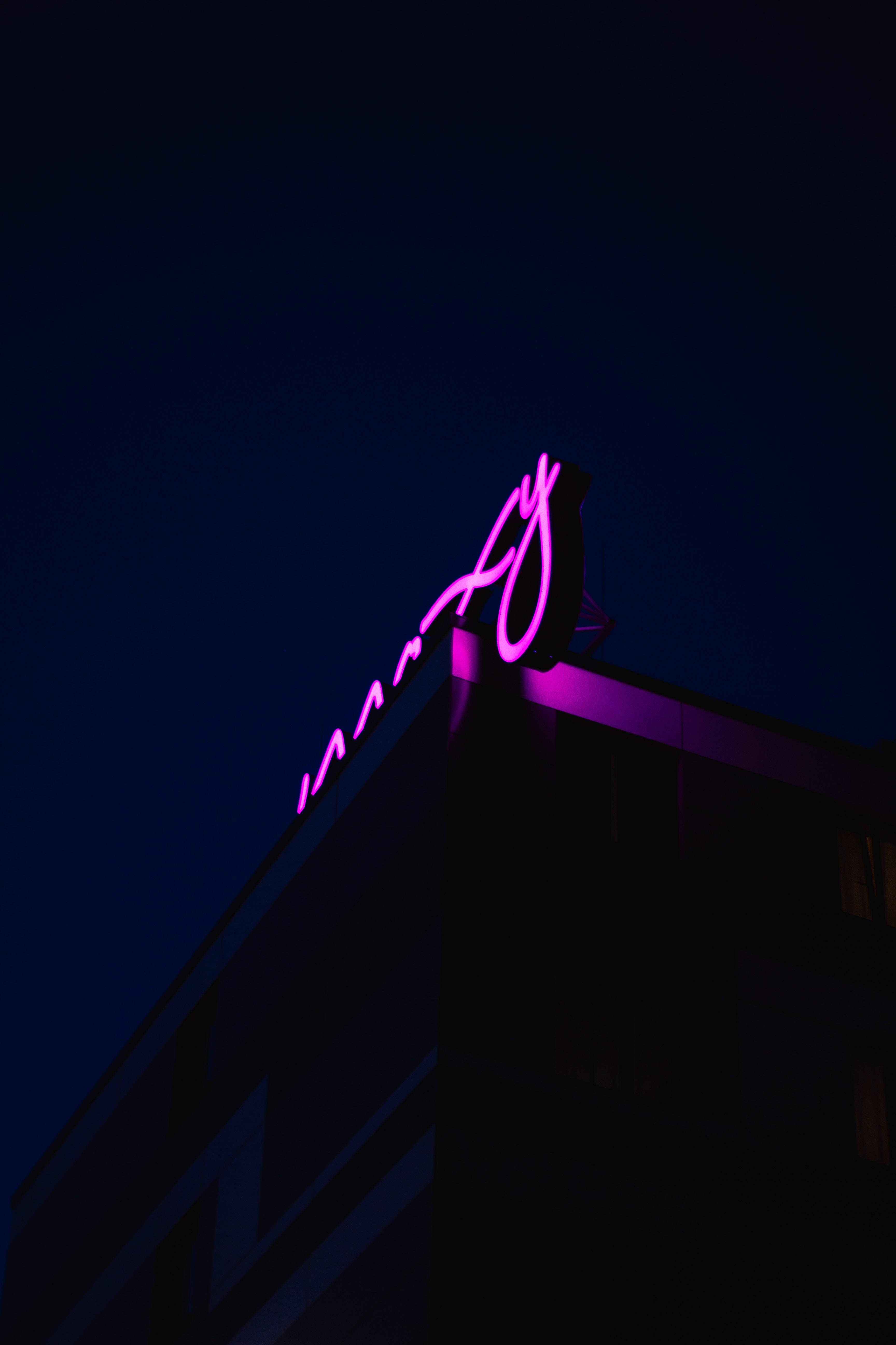 purple neon sign, roof, dark building, 5K Phone Wallpaper