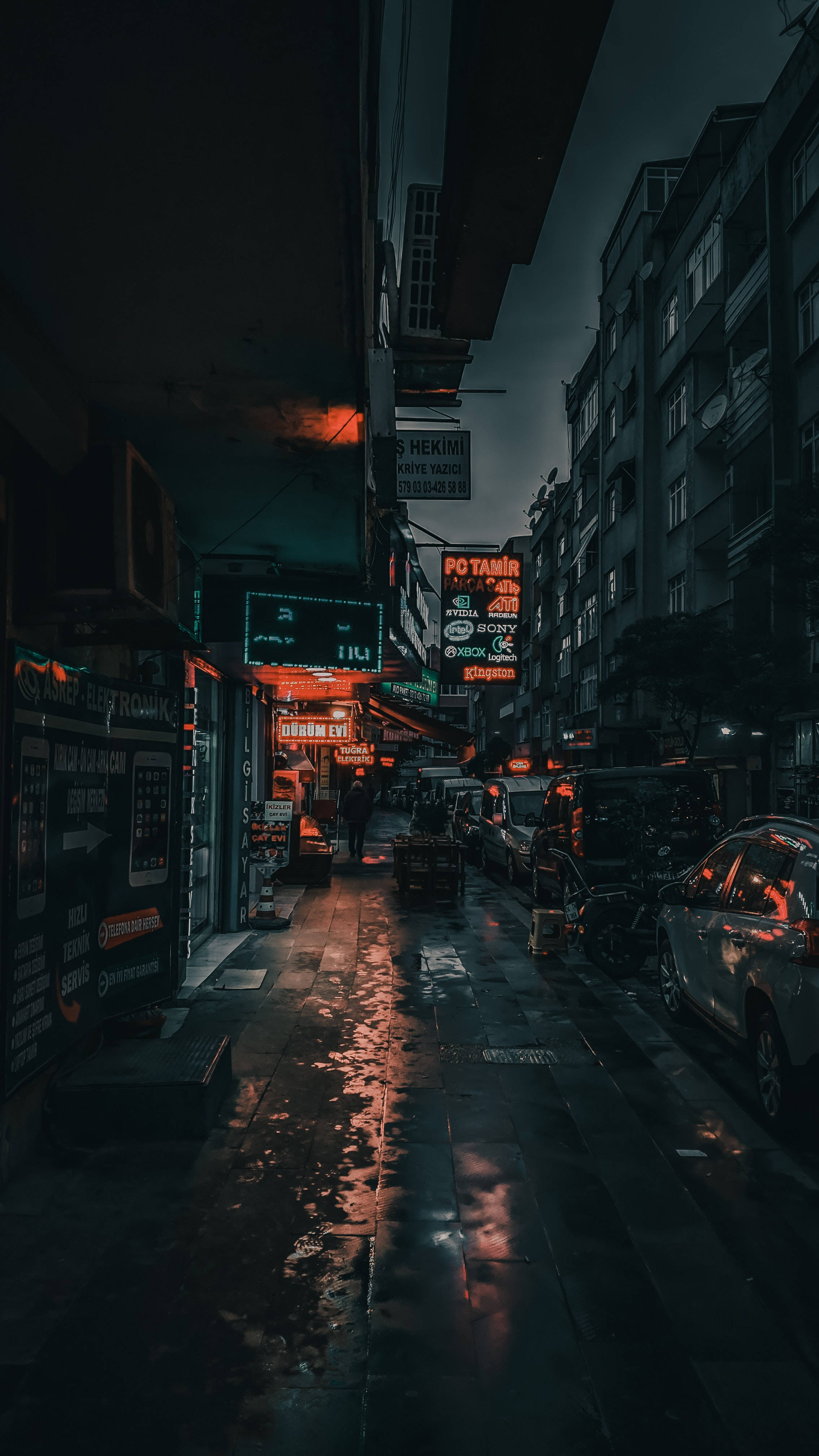 neon sign boards, rain-slicked urban alley, night, 4K Phone Wallpaper