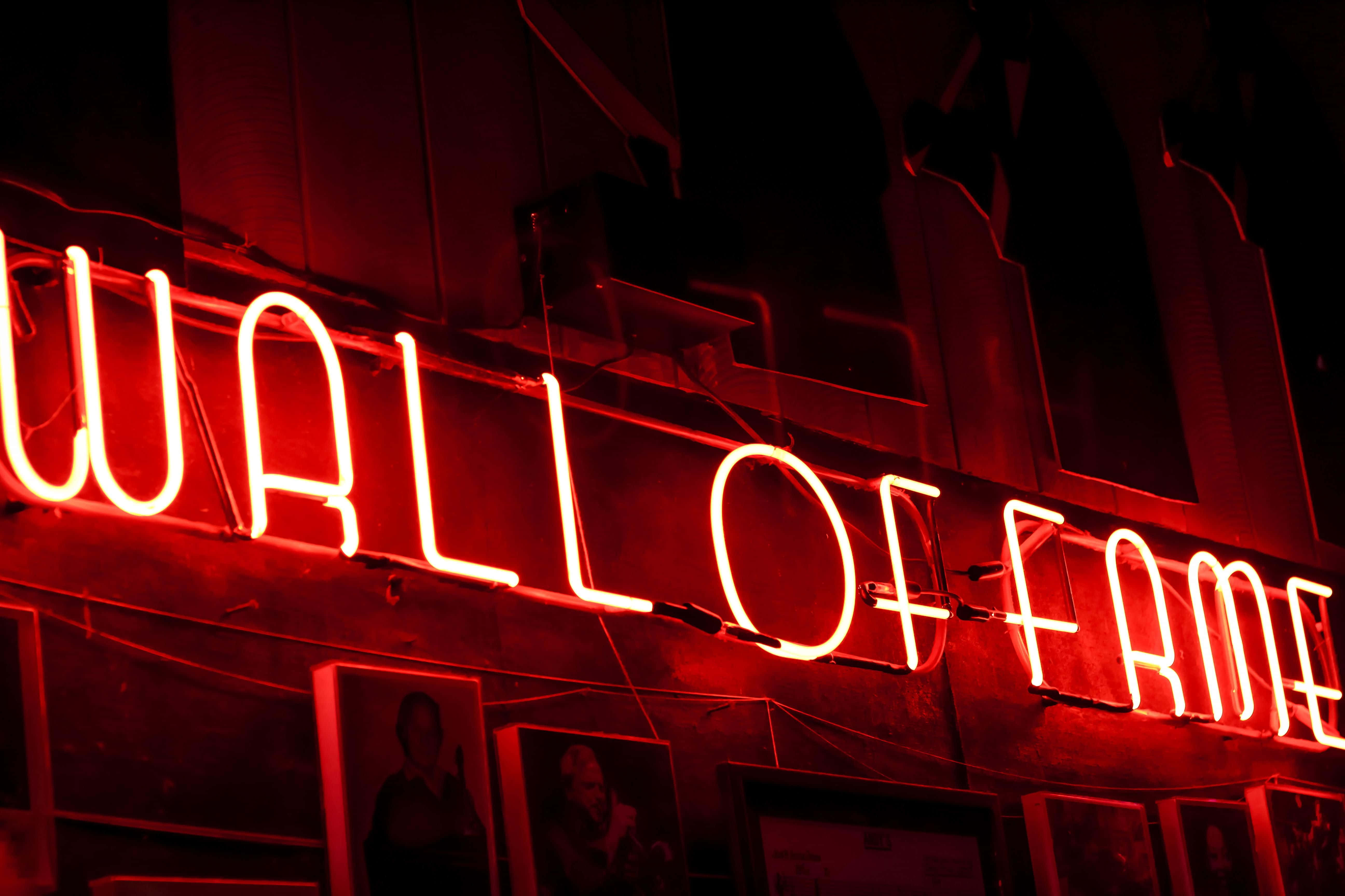 WALL OF FAME, red neon sign, glowing, 5K Desktop Wallpaper