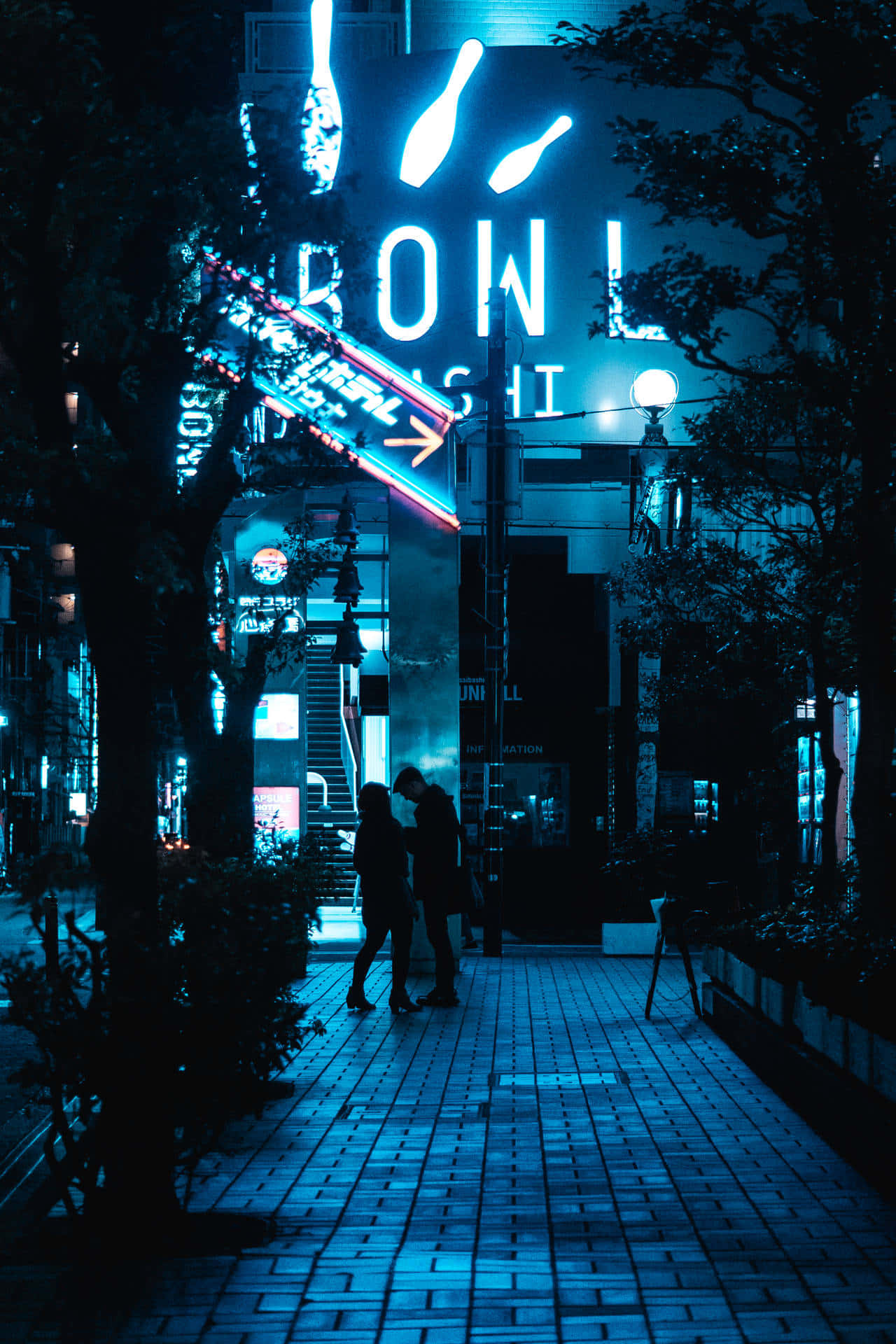 blue neon lights, neon sign, bowling alley, Full HD Phone Wallpaper