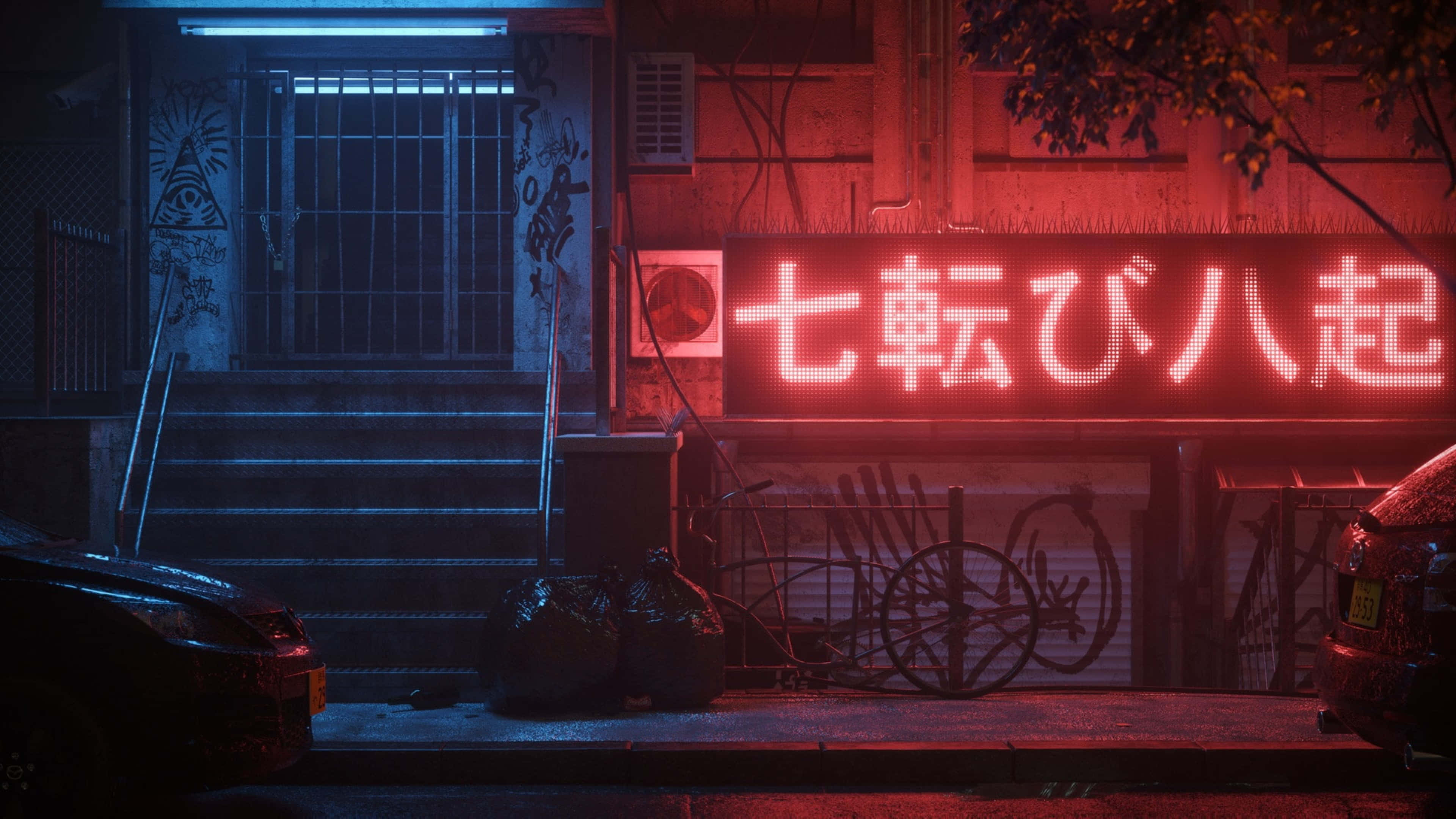 red neon, dark alleyway, rainy night street, 4K Desktop Wallpaper