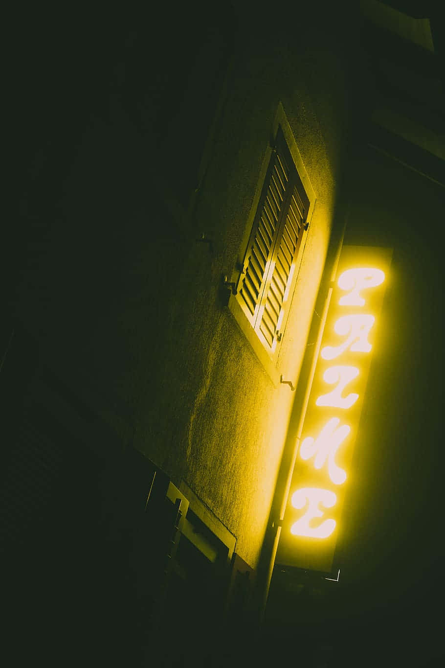 yellow neon sign, dark building wall, shuttered window, HD Phone Wallpaper