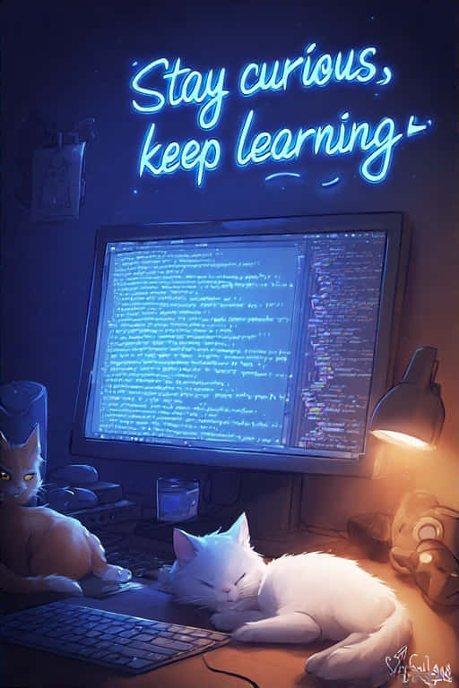 stay curious keep learning, glowing neon sign, sleeping white cat, SD Phone Wallpaper