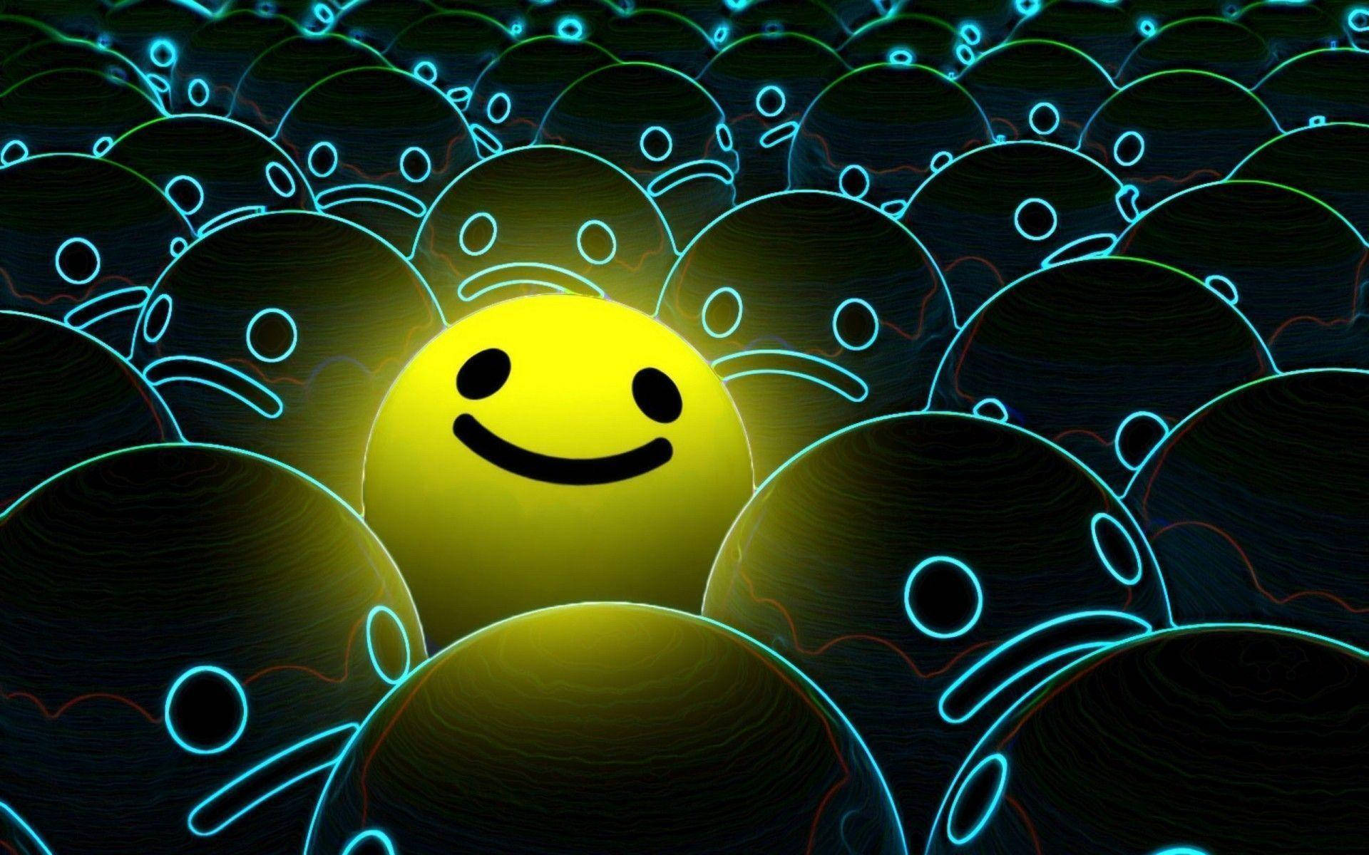 Neon Smile, glowing yellow smiley face, neon-outlined frowning faces, Full HD Desktop Wallpaper