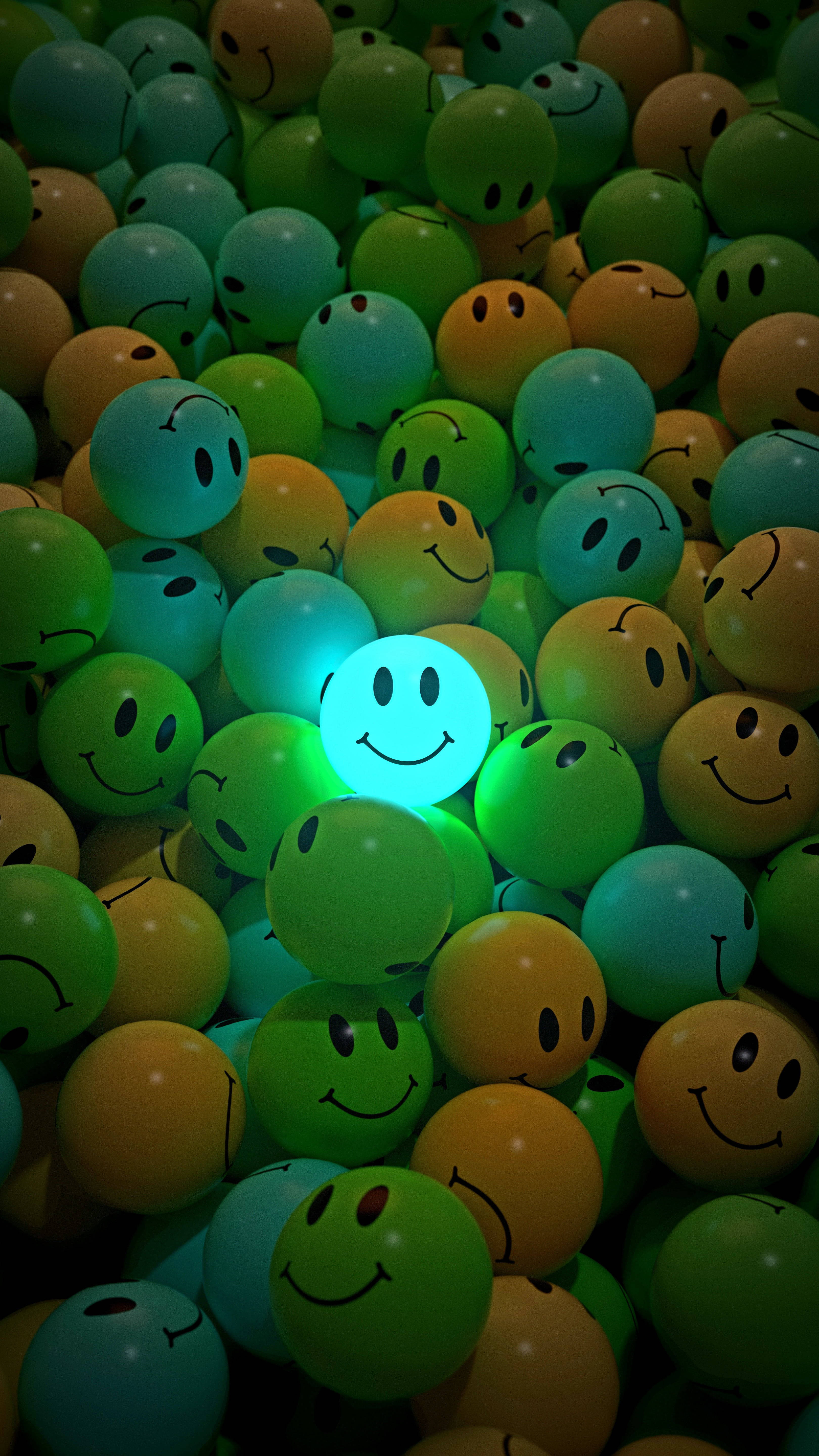 Neon Smile, glowing blue smiley ball, sea of green and yellow smiley balls, 5K Phone Wallpaper