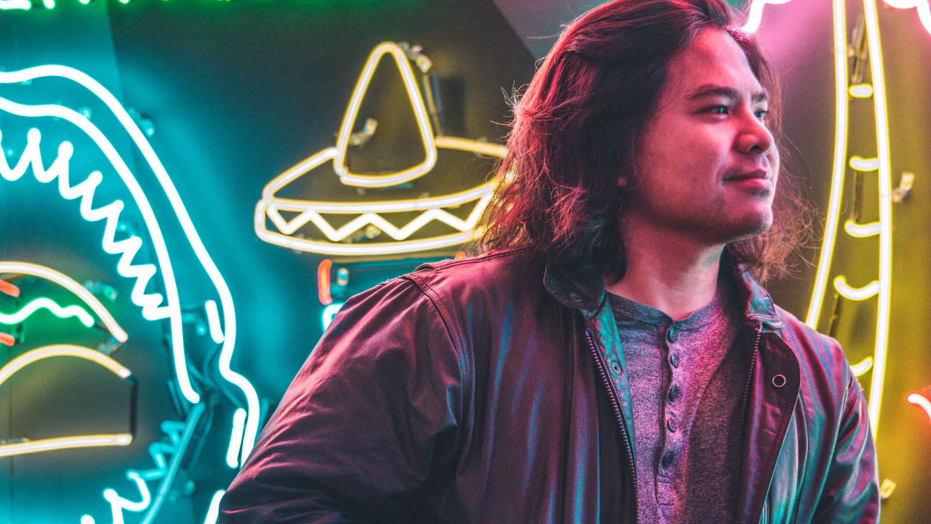 long haired man, neon signs, shark, Full HD Desktop Wallpaper