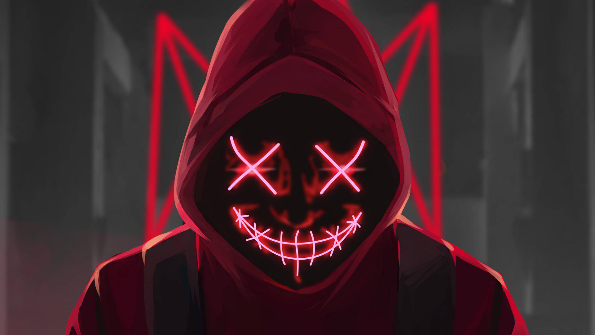 Red Neon Smile, red hoodie, glowing pink X eyes, Full HD Desktop Wallpaper