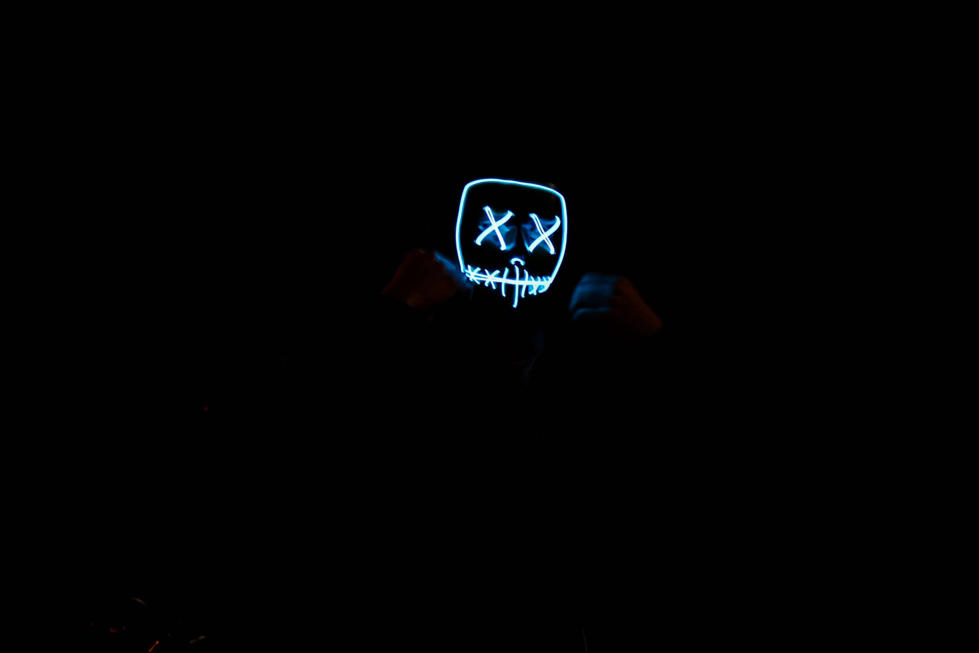 X Eyes, Neon Smile, glowing blue LED mask, Full HD Desktop Wallpaper