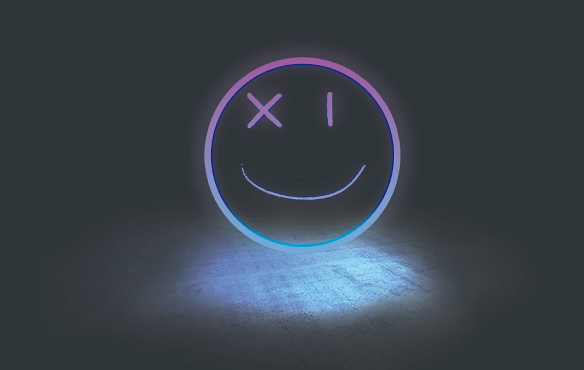 neon smiley face, one eye crossed out, one eye a straight line, Full HD Desktop Wallpaper