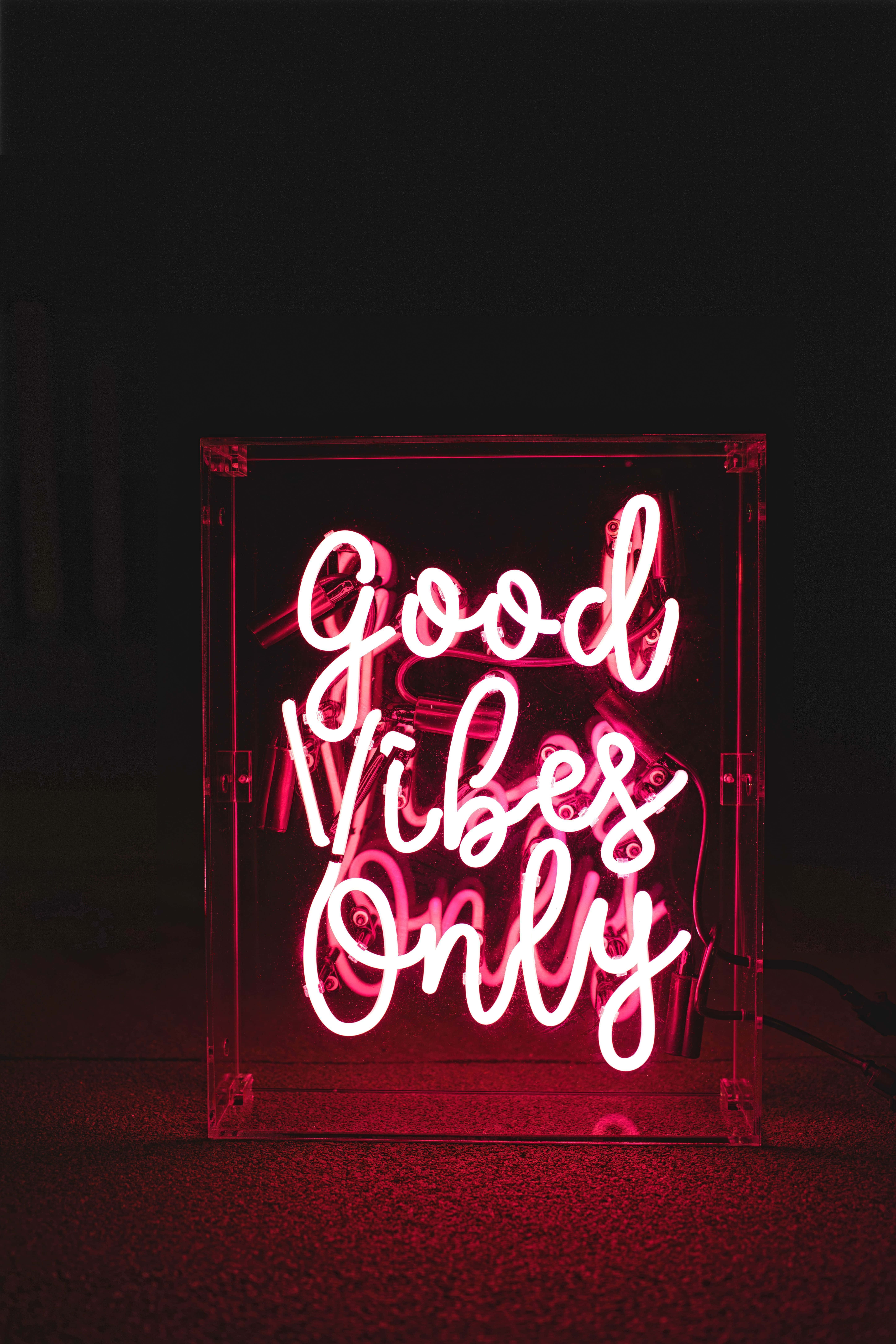 Good Vibes Only, pink neon sign, cursive script, 8K Phone Wallpaper