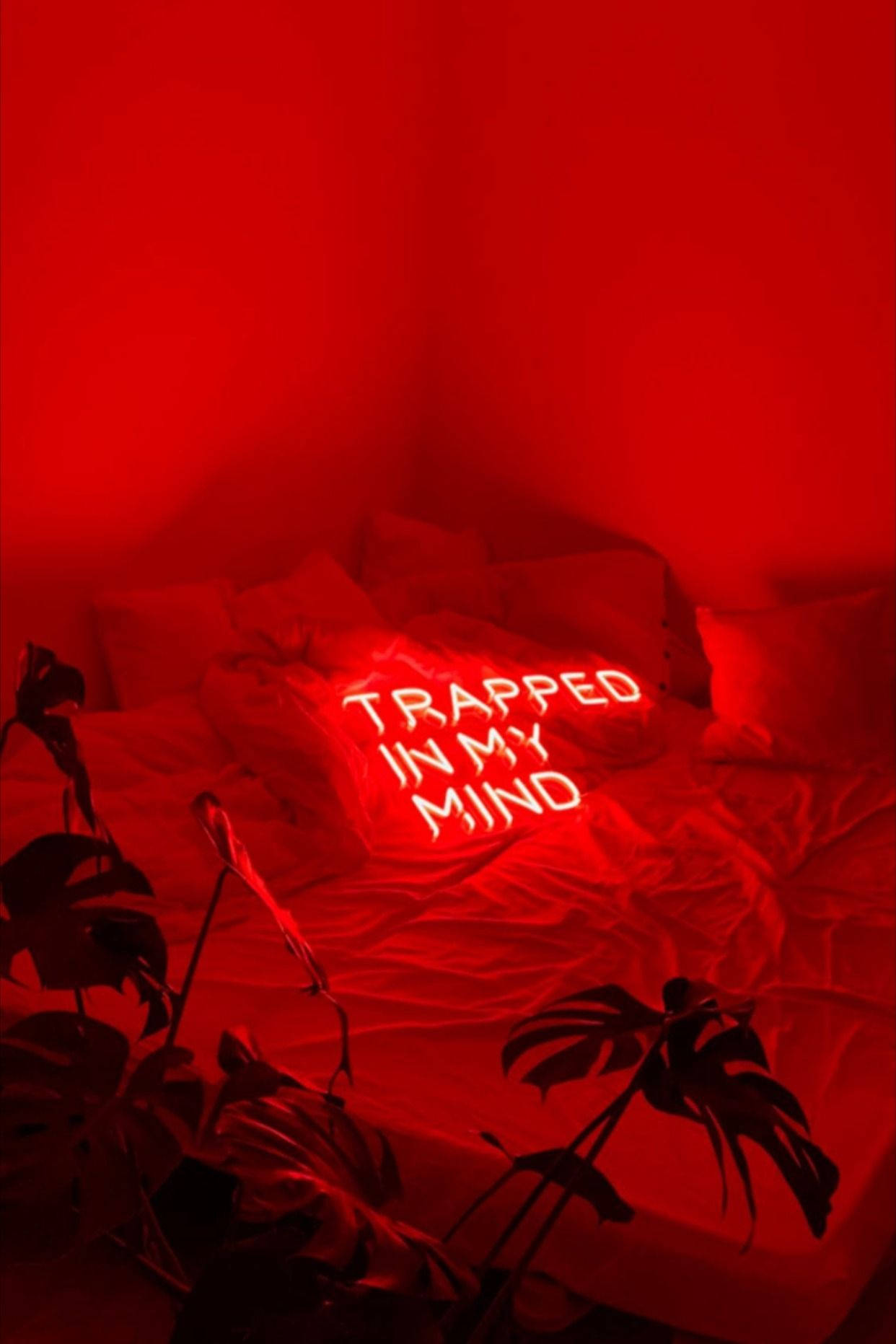 red aesthetic, neon text, trapped in my mind, HD Phone Wallpaper
