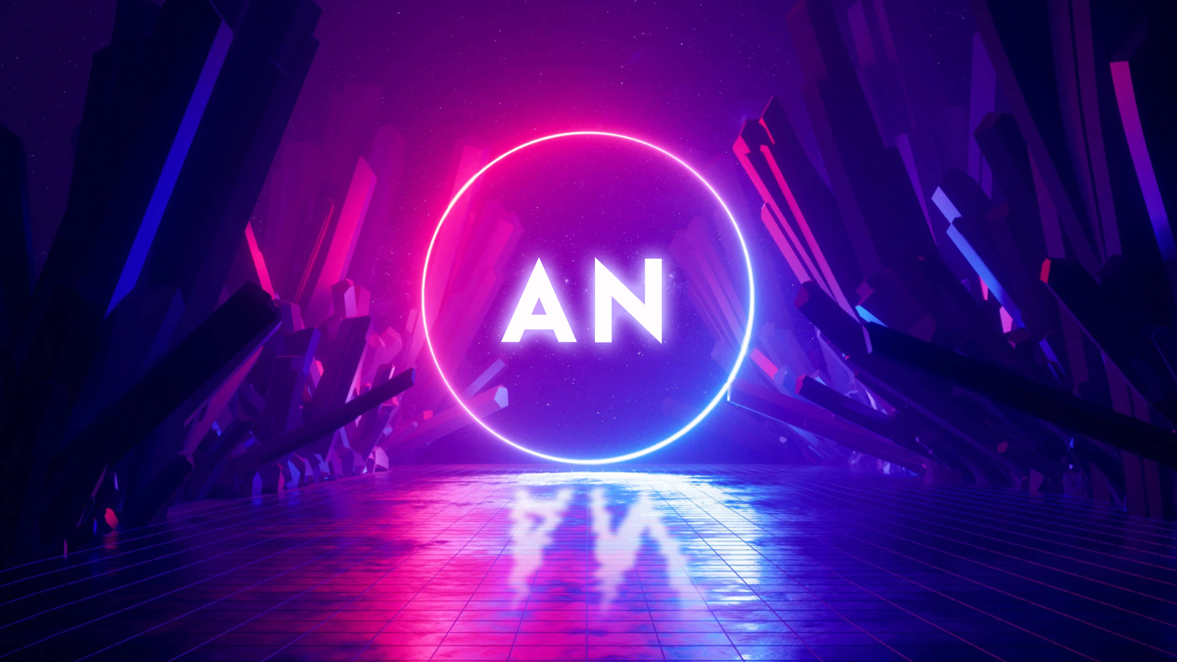 Neon An Lettering, glowing neon circle, letters AN, 4K Desktop Wallpaper