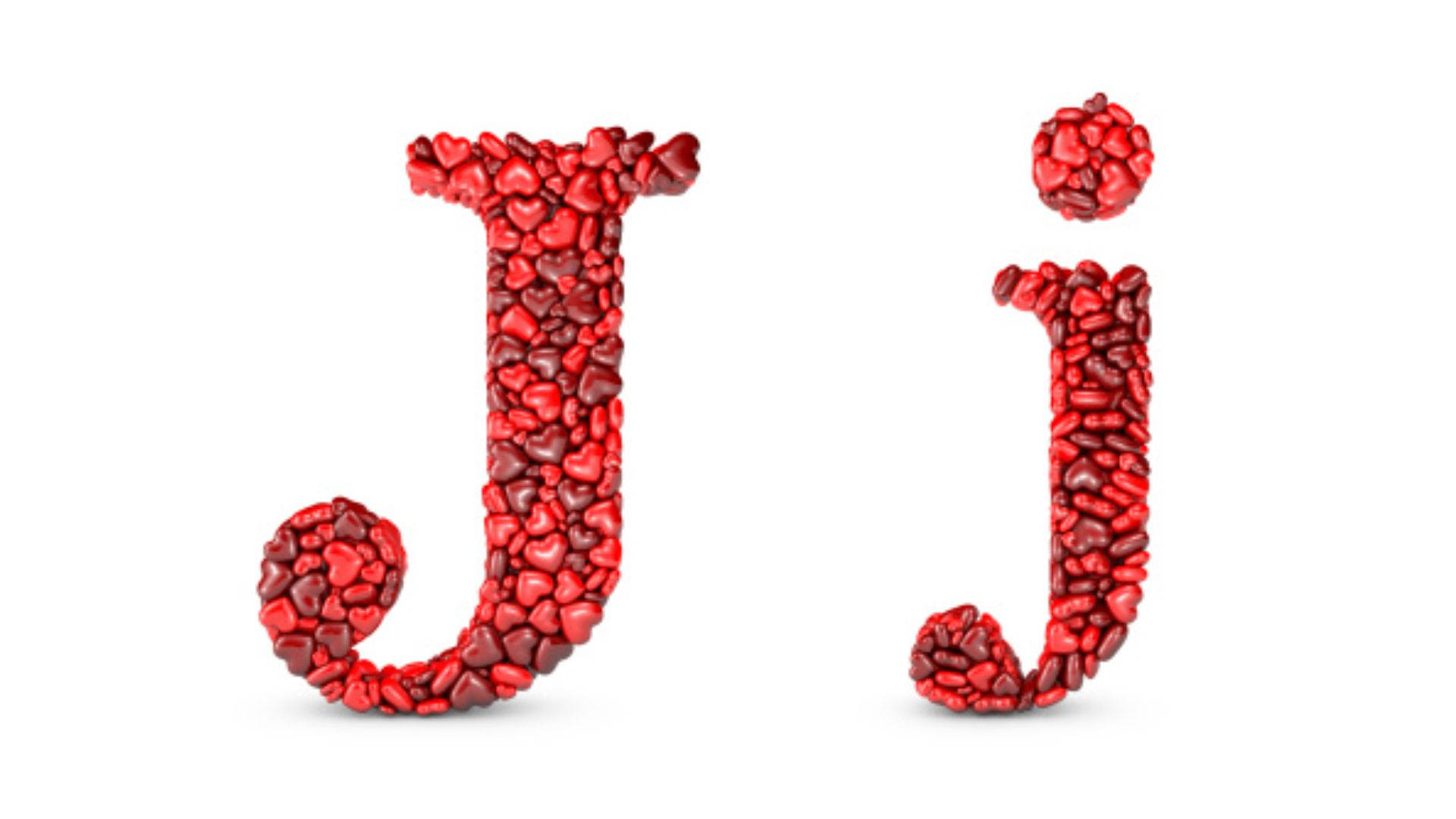 J, red heart-shaped stones, white background, Full HD Desktop Wallpaper