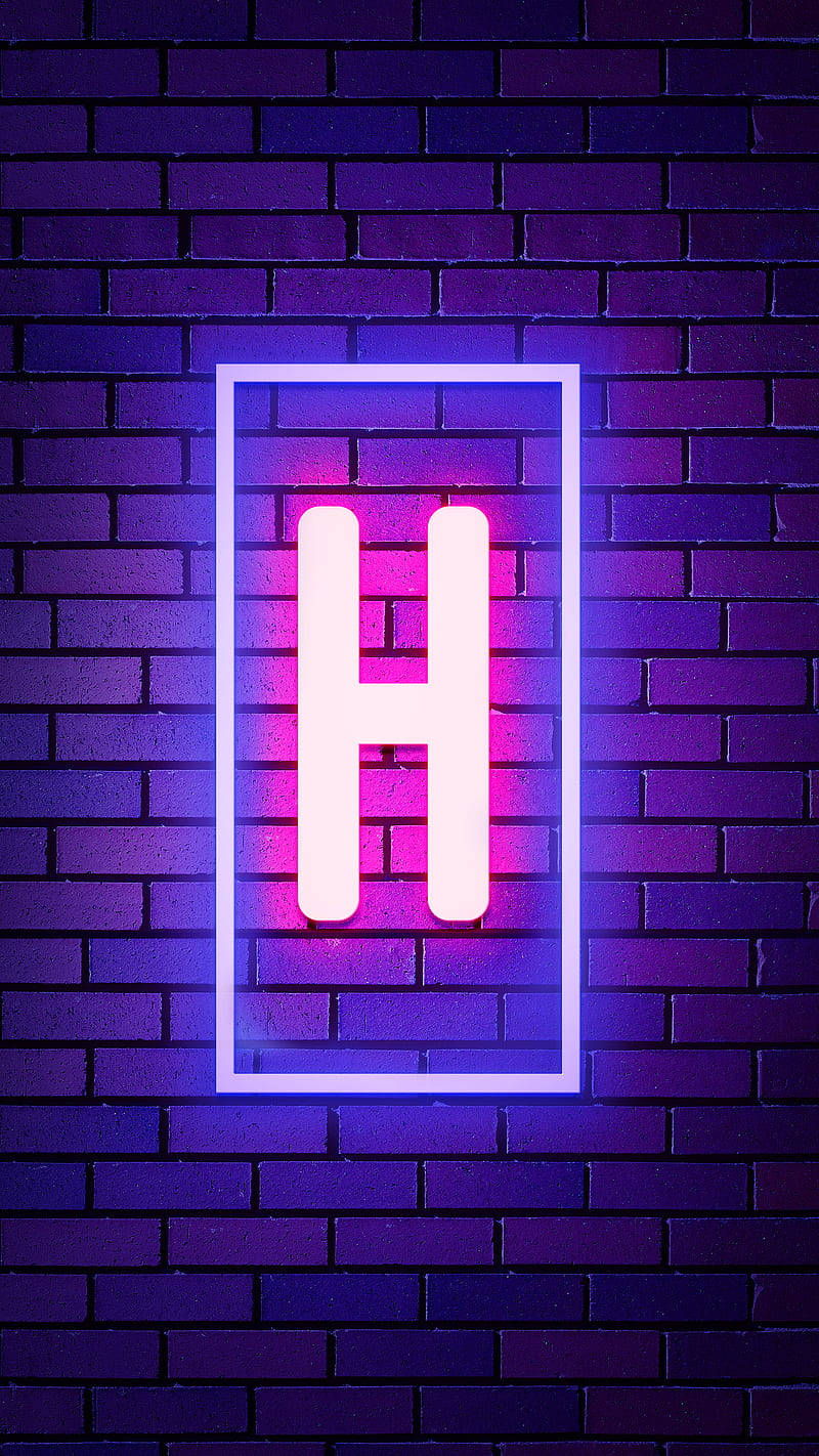 Letter H, pink and blue, dark purple brick wall, HD Phone Wallpaper