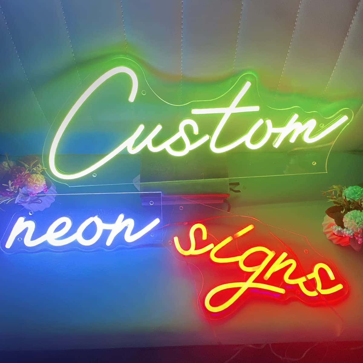 neon text, green blue and red, quilted backdrop, SD Desktop Wallpaper